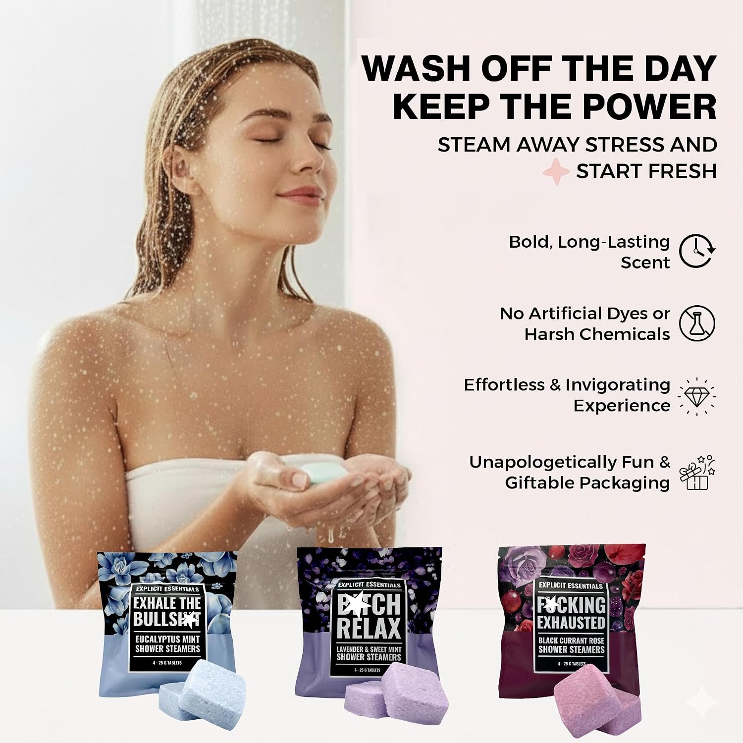 Explicit Essentials Shower Steamers Gift Set | 12 Aromatherapy Shower Steamers (3 Scent Trio) | Black Currant Rose, Lavender Mint & Eucalyptus Mint | Relaxation & Stress Relief Spa Gift for Self-Care