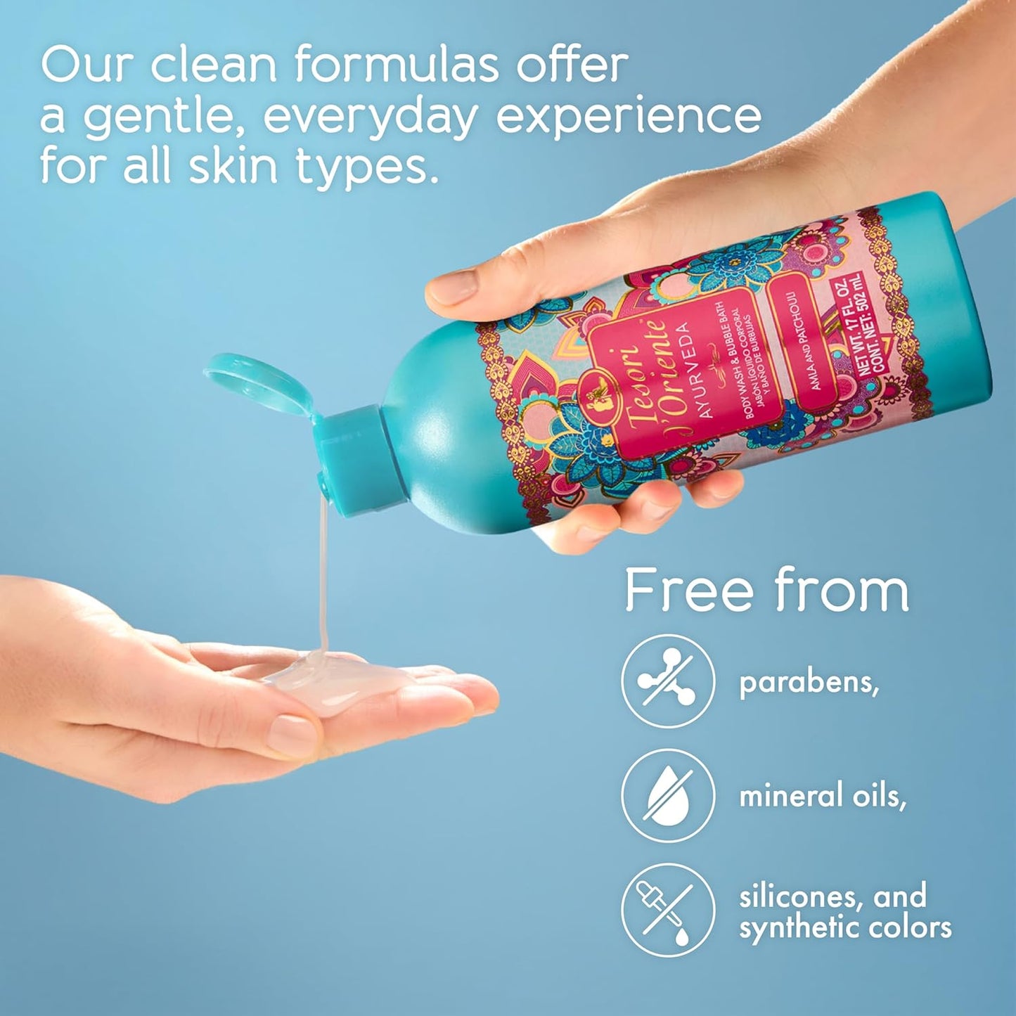 Tesori d’Oriente Ayurveda Body Wash & Bubble Bath, 17.5 fl oz, Gentle, Hydrating Shower Gel with Amla Oil & Vitamin-E, Warm Patchouli Citrus Scented, No Silicones, Parabens & Mineral Oil