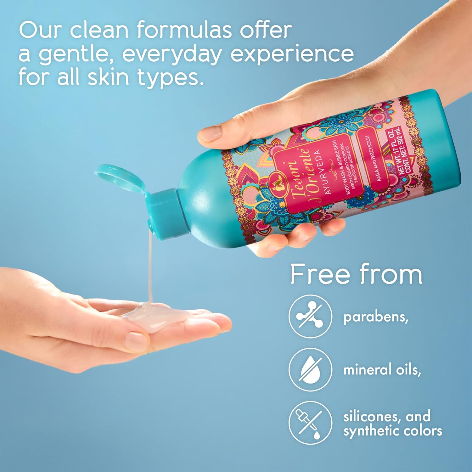 Tesori d’Oriente Ayurveda Body Wash & Bubble Bath, 17.5 fl oz, Gentle, Hydrating Shower Gel with Amla Oil & Vitamin-E, Warm Patchouli Citrus Scented, No Silicones, Parabens & Mineral Oil
