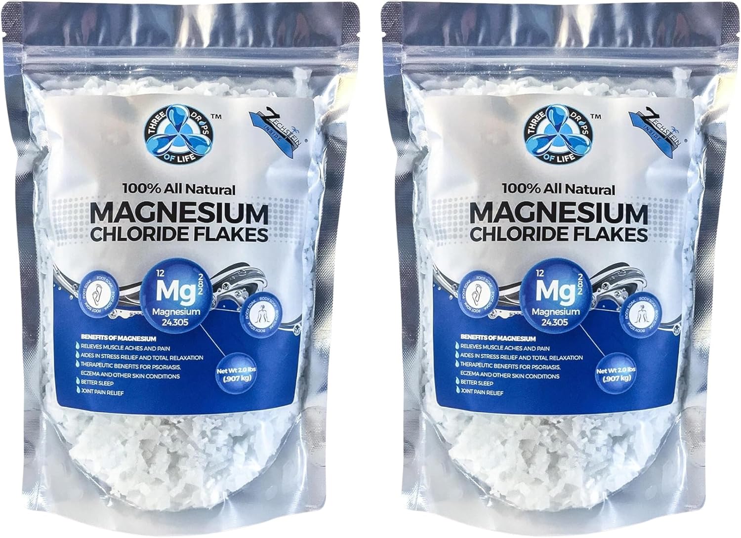 All Natural Magnesium Chloride Flakes, Bathing Alternative to Epsom Salt, Rapid Absorption Efficiency for Wellness and Relaxation, Numerous Foot Soak Health Benefits - 2lb Bulk Bag (2 Pack)