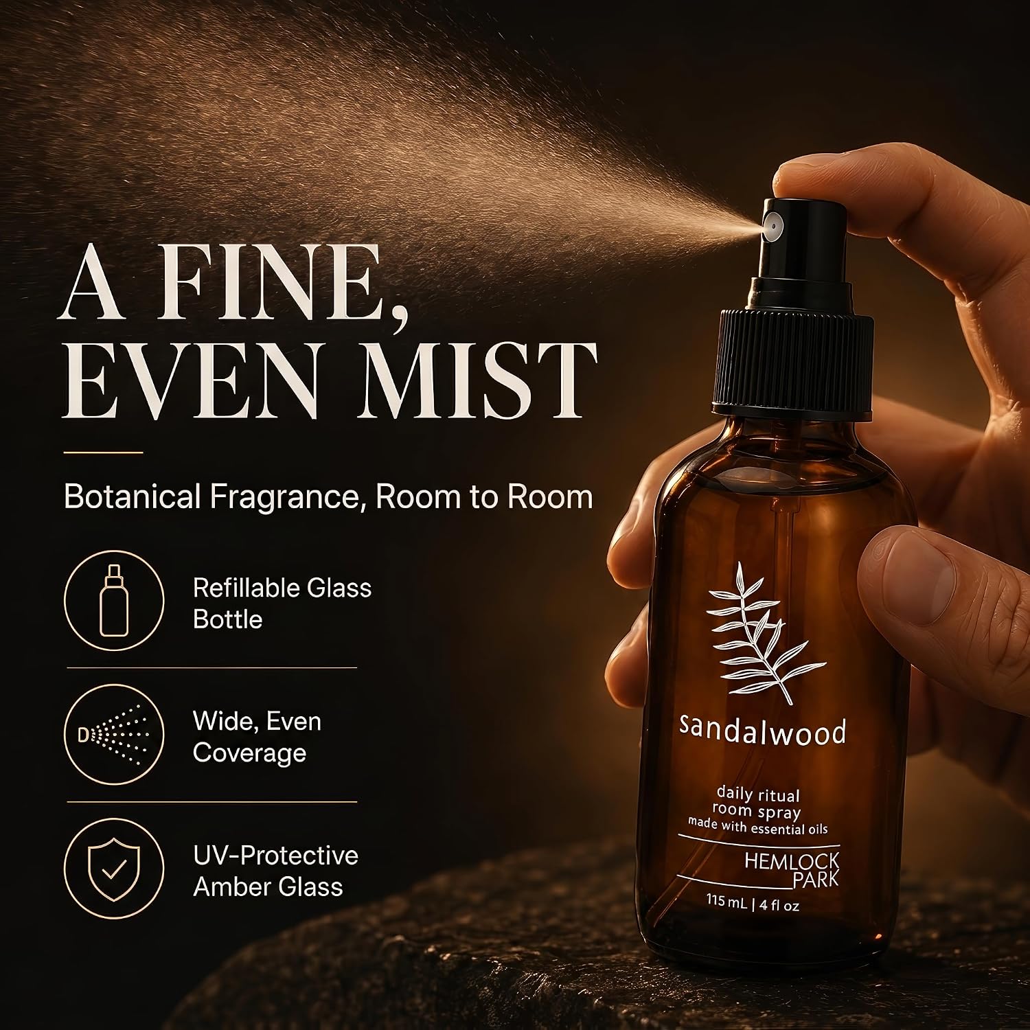 Hemlock Park Sandalwood Botanical Mist Room + Linen Spray | 4 oz Glass Bottle | Made in USA