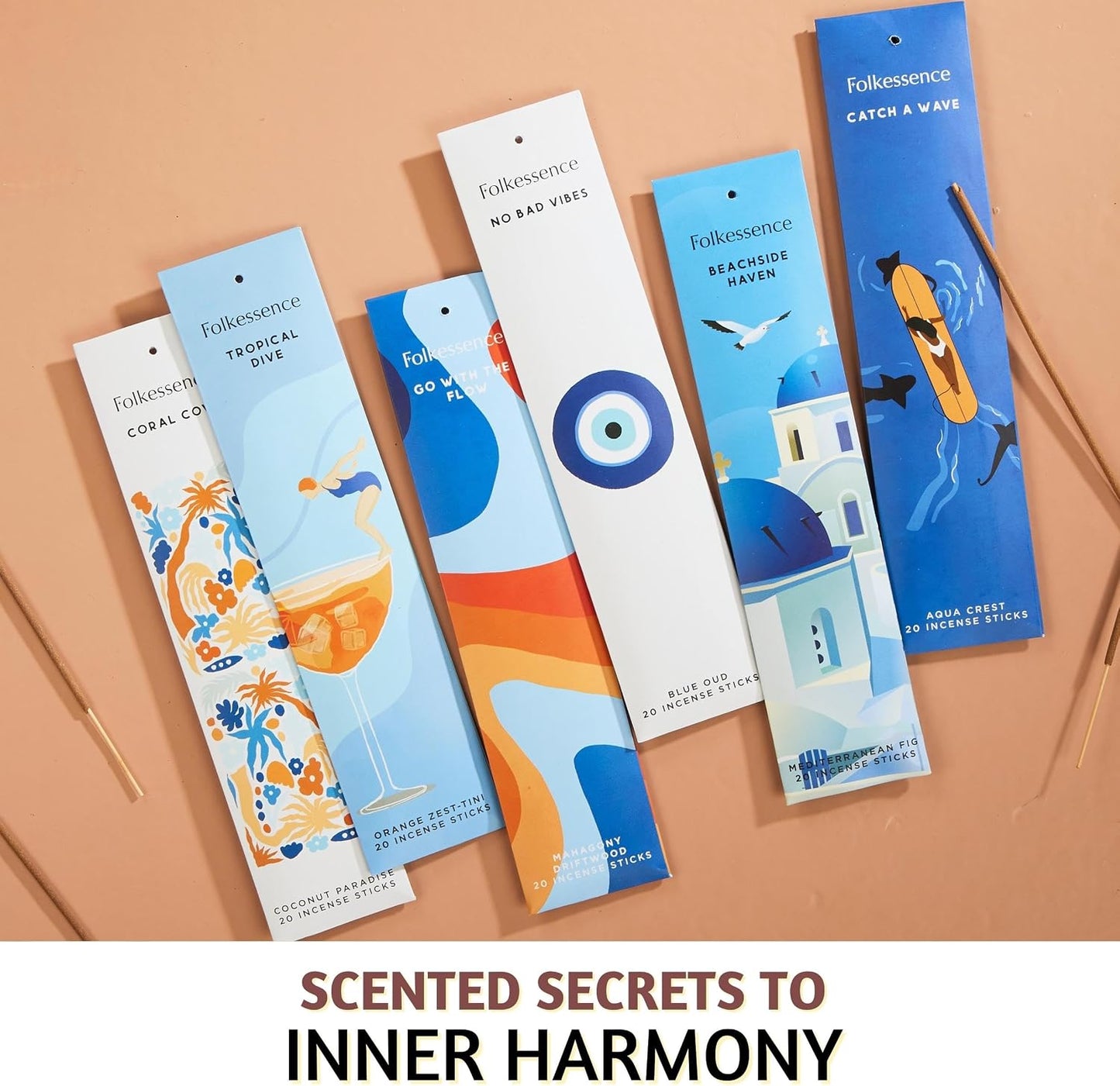Folkulture Incense Sticks (120 Sticks) | Set of 6 Premium Beach Vibes Summer Incense Stick for Mediation, Relaxation| No Charcoal, Non Toxic, 45 Mins Burning Oud, Orange, Coconut Insence-Sticks