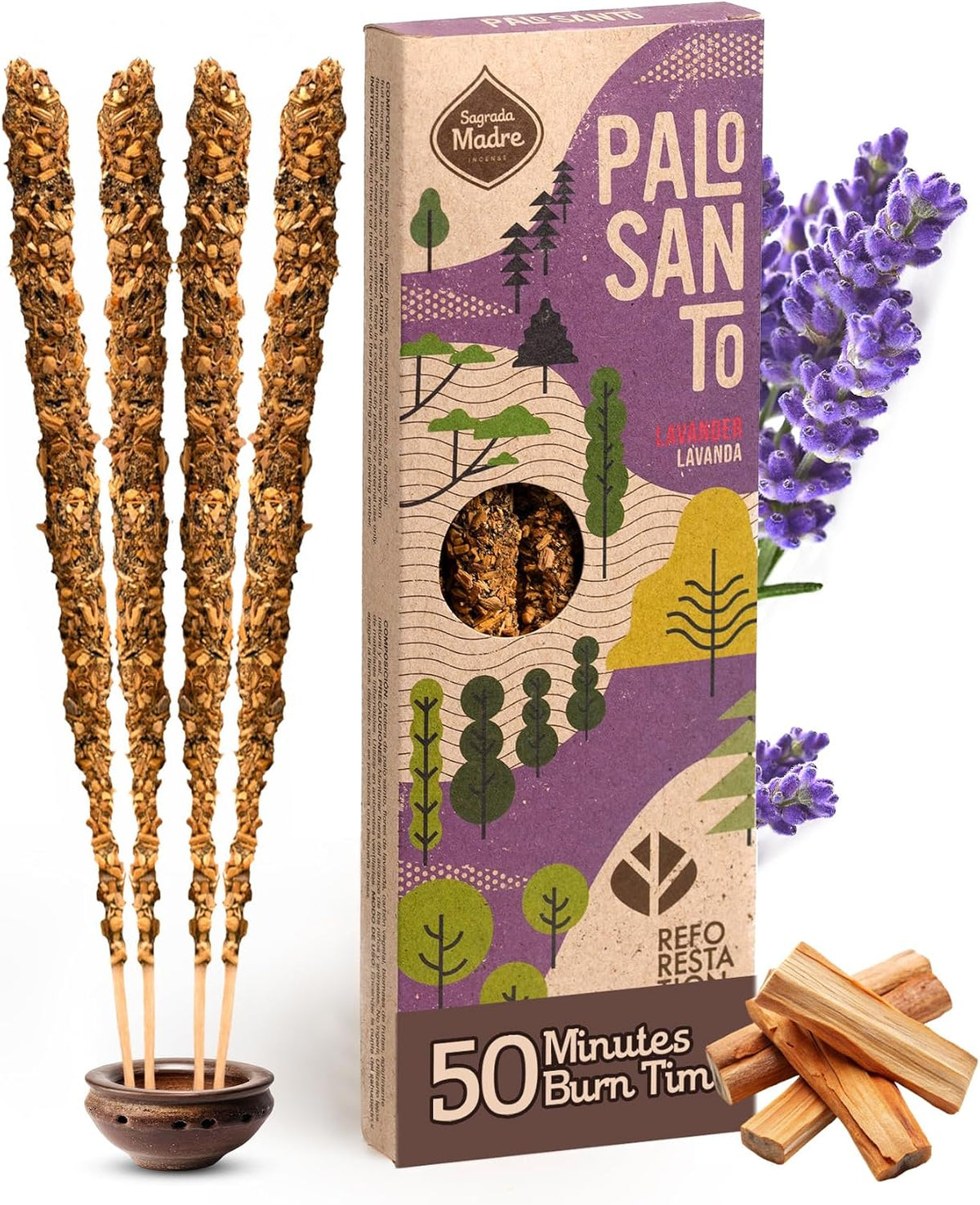 Sagrada Madre 4pcs Wildly Harvested Palo Santo Incense Sticks (Lavender)