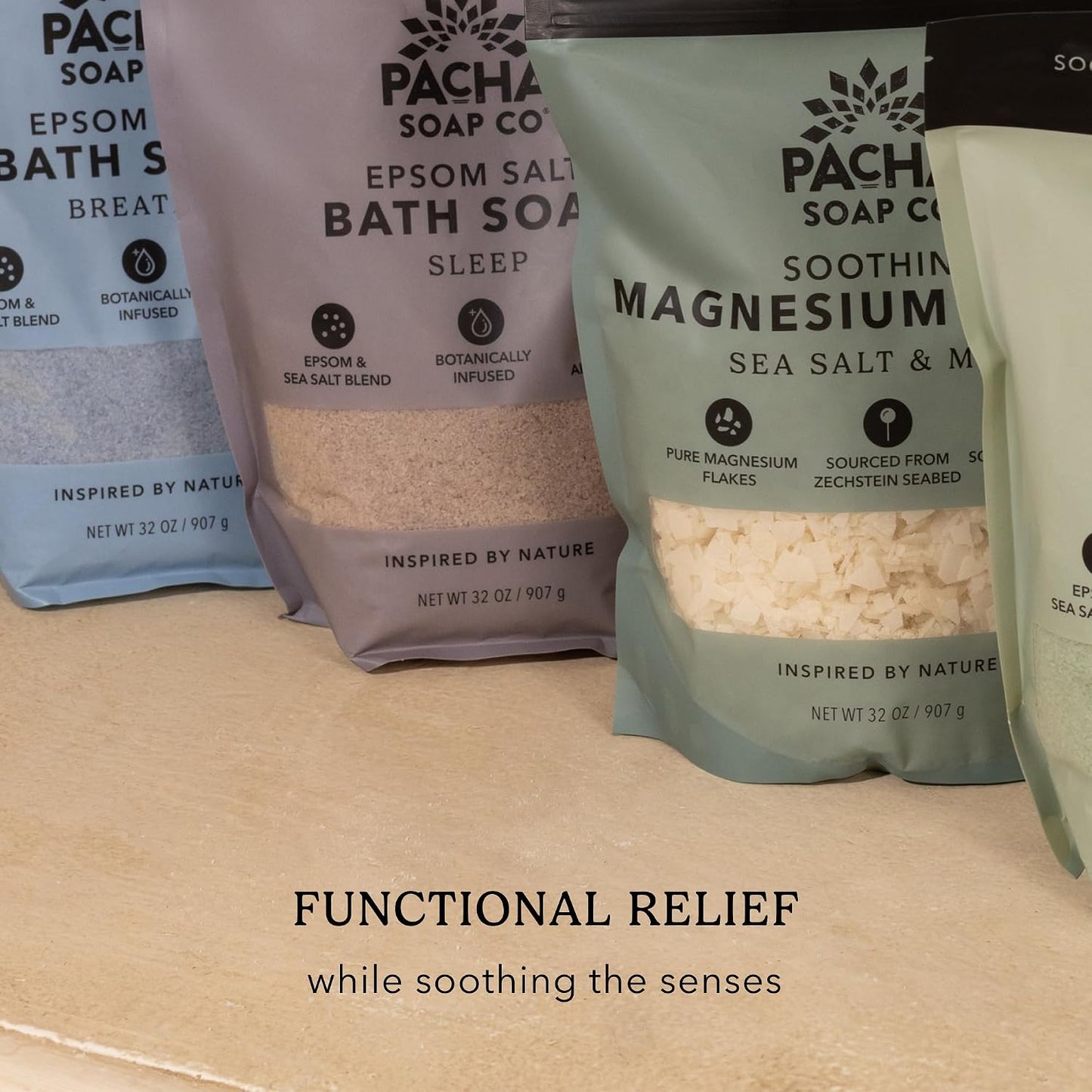Pacha Soap Co. Magnesium Flake Salt Soak - Sea Salt & Moss, Soothing Mineral Bath Soak with Magnesium & Sea Salt, Paraben, Sulfate, and Dye-Free, Handcrafted in The USA, 2-Pack, 32 oz Each