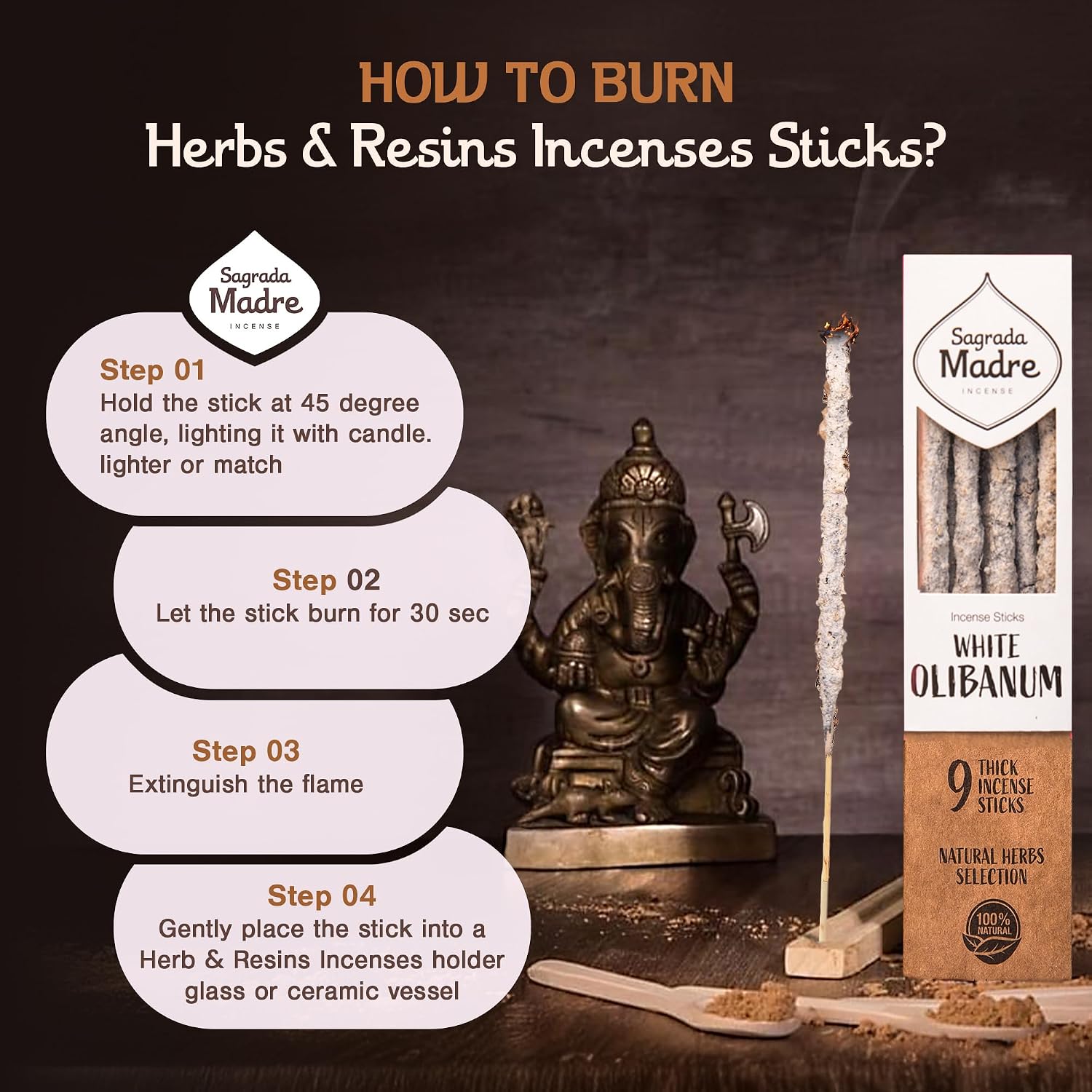 Sagrada Madre 9 pcs Wildly Harvested - White Olibanum/Frankincense Incense Sticks, 7" Long - Thick Aromatic Incense Sticks (45-55 min Burning Time) to Neutralize Negative Energies & Harmonizing Space