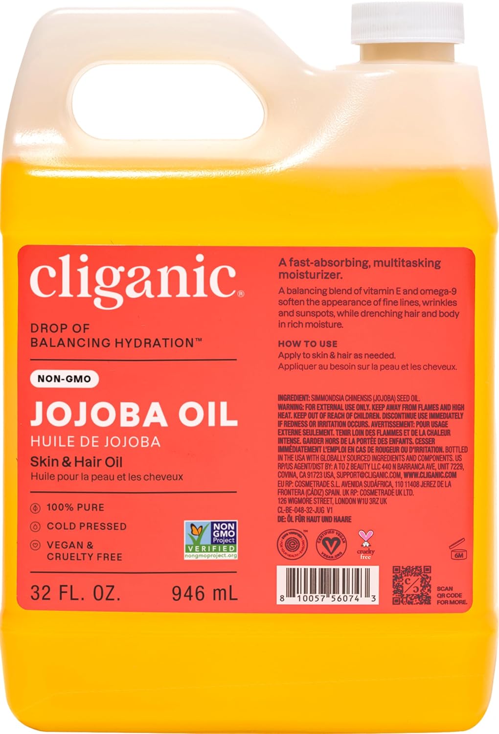 Cliganic Non-GMO Jojoba Oil Bulk 32oz, 100% Pure - Natural Cold Pressed Unrefined Hexane Free Oil for Hair & Face