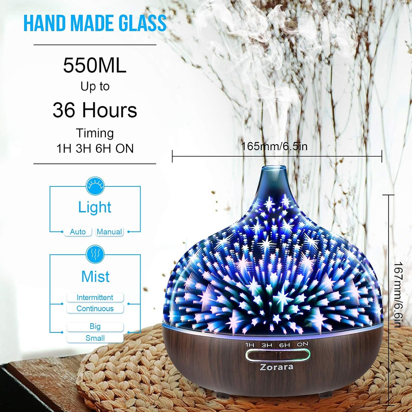 Essential Oil Diffuser 550ml Cool Mist Humidifier 3D Glass Ultrasonic Aromatherapy Humidifier with 7 Color Changing Led Lights, Waterless Auto Shut-Off, Adjustable Timer, Remote Control, Star