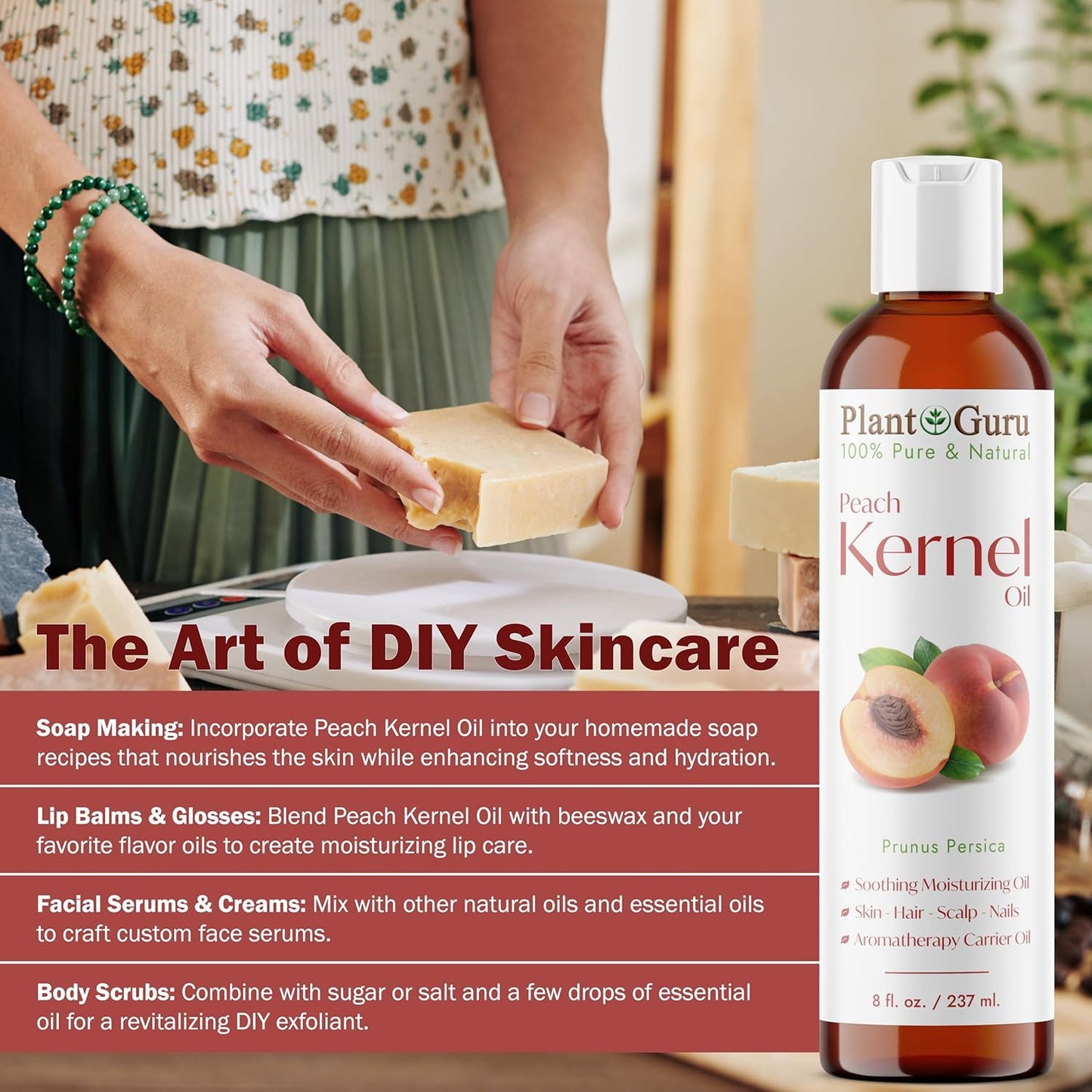 Plant Guru Peach Kernel Oil 8 fl. oz. Cold Pressed 100% Pure & Natural Carrier – Ideal for Skin, Face, Body, and Hair Moisturizer. Great for DIY Creams, Lotions, and Lip Balms.
