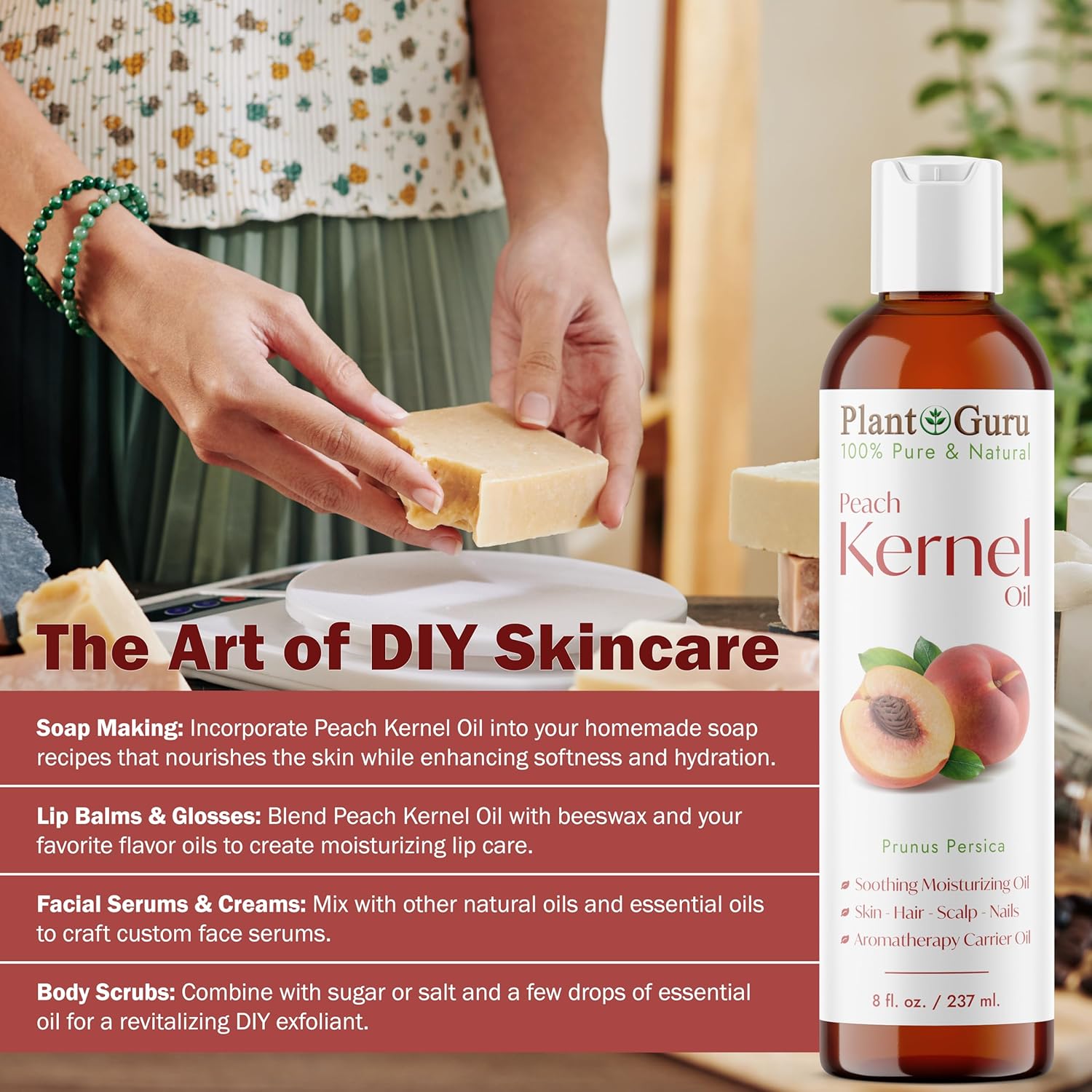 Plant Guru Peach Kernel Oil 8 fl. oz. Cold Pressed 100% Pure & Natural Carrier – Ideal for Skin, Face, Body, and Hair Moisturizer. Great for DIY Creams, Lotions, and Lip Balms.