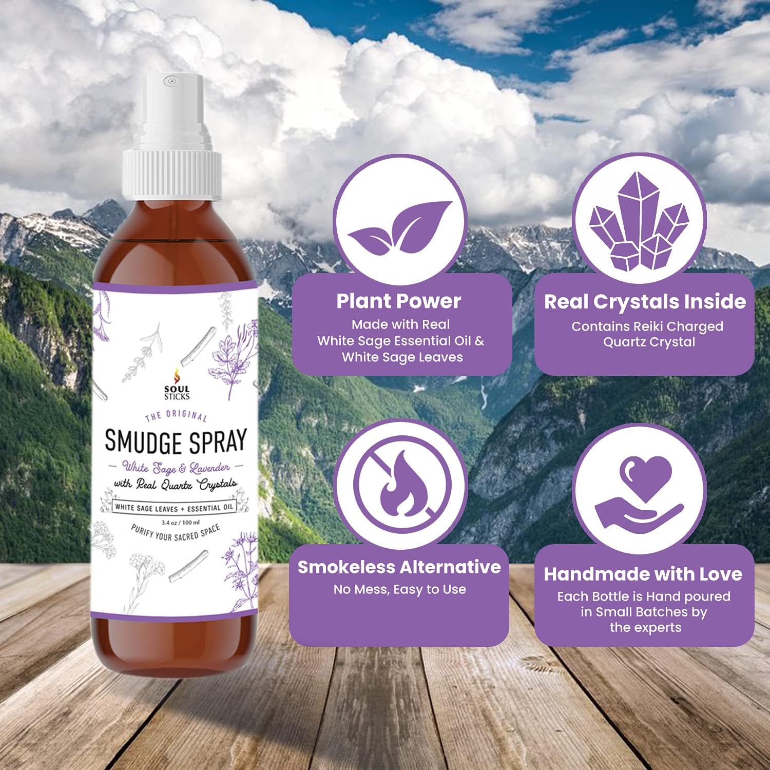 SOUL STICKS White Sage & Lavender Smudge Spray – 3.5oz Smokeless Mist with Quartz Crystals – Calming Essential Oil Spray for Sleep, Stress Relief, Meditation, and Energy Cleansing