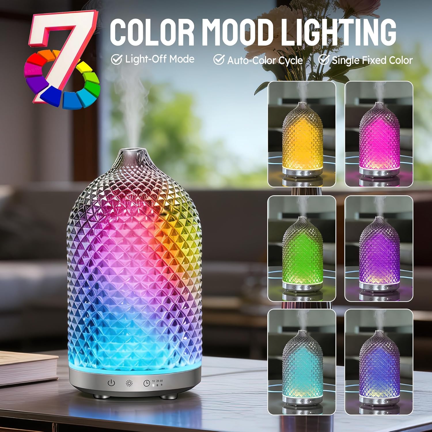 Essential Oil Diffuser 150ml, Glass Aromatherapy Diffuser with Ultrasonic Cool Mist, 7 Color LED Lights, 1/2/4H Timer, Quiet Auto Shut-Off Oil Diffuser for Bedroom, Home, Office (Silvery)