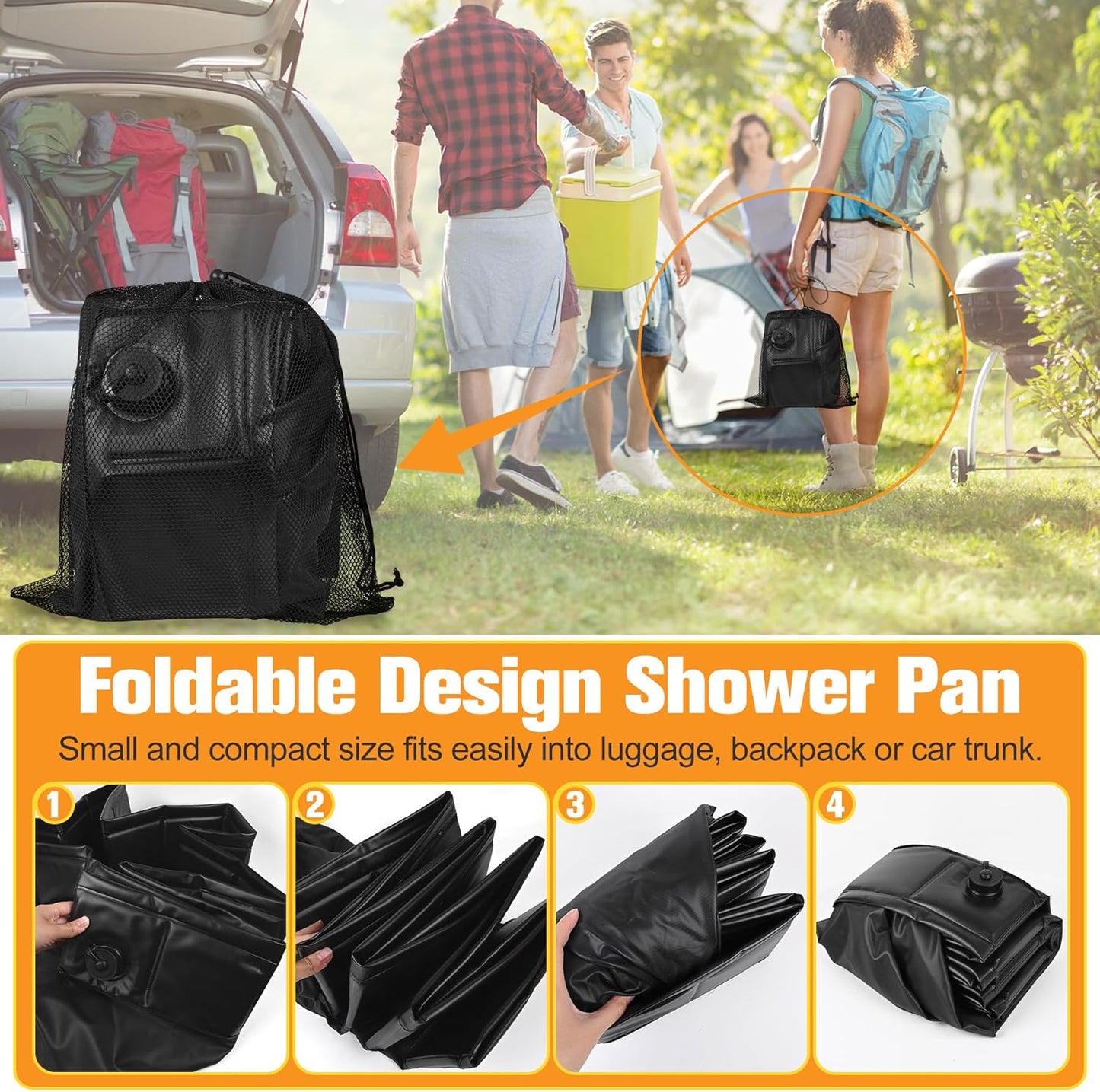 Upgraded Portable Shower Pan 41"x41"x5" - Heavy-Duty Non-Slip Base with Drain Hole & Mesh Storage Bag | Collapsible Camp Shower Tray for RV, Beach, Glamping | Leakproof Outdoor Bath Floor