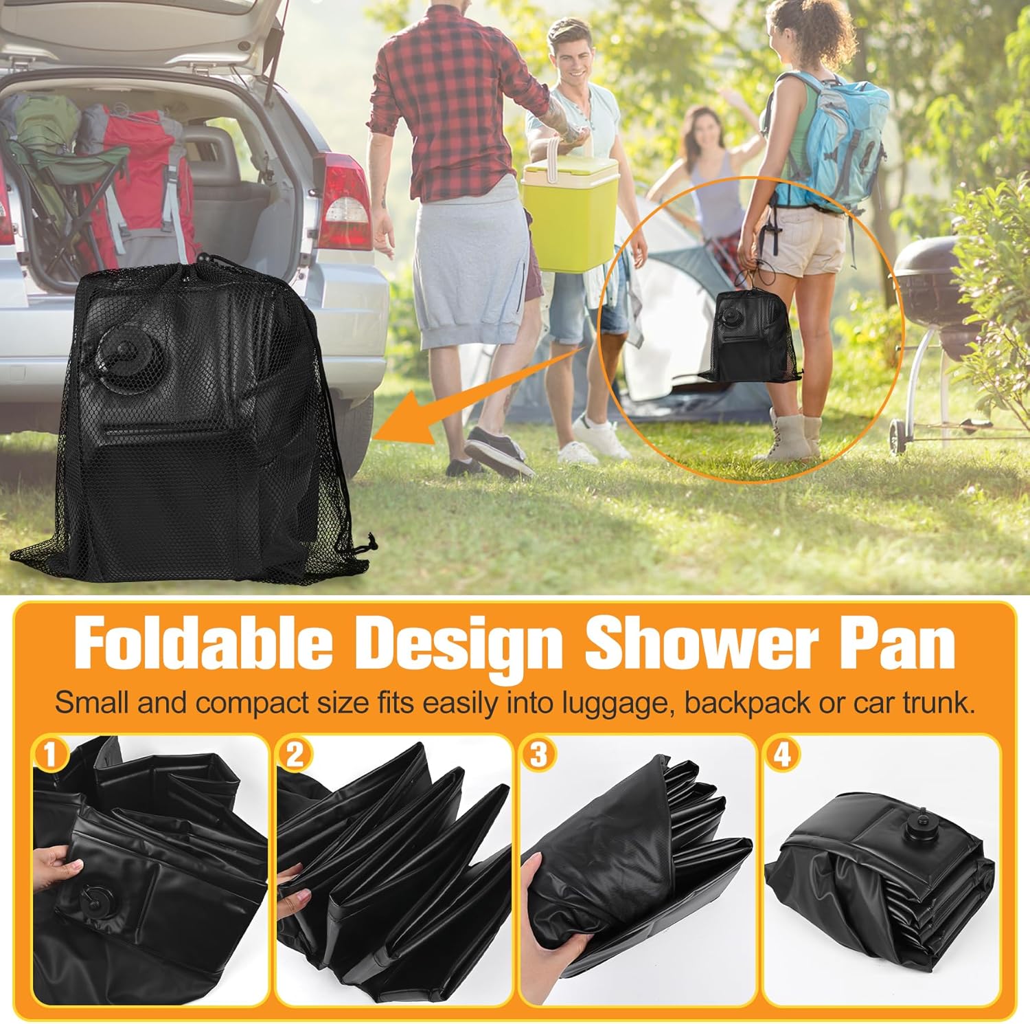 Upgraded Portable Shower Pan 41"x41"x5" - Heavy-Duty Non-Slip Base with Drain Hole & Mesh Storage Bag | Collapsible Camp Shower Tray for RV, Beach, Glamping | Leakproof Outdoor Bath Floor
