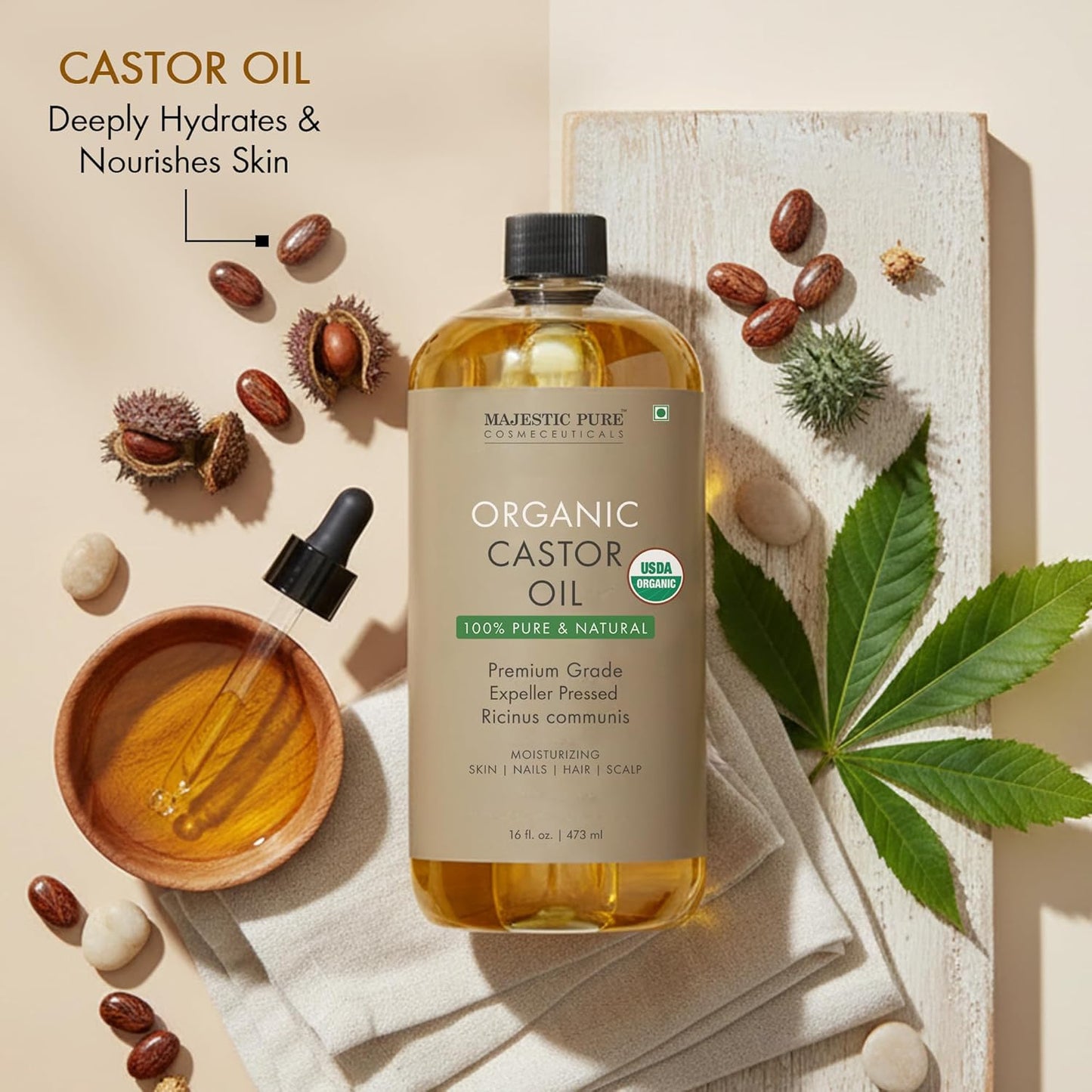 Majestic Pure Oil - 100% Pure and Natural- Cold Pressed & Hexane Free Natural Hair Growth Oil for Eyelashes, Eyebrows, Skin, Body, Face, Nails & Scalp - Organic Castor Oil 16 Fl Oz