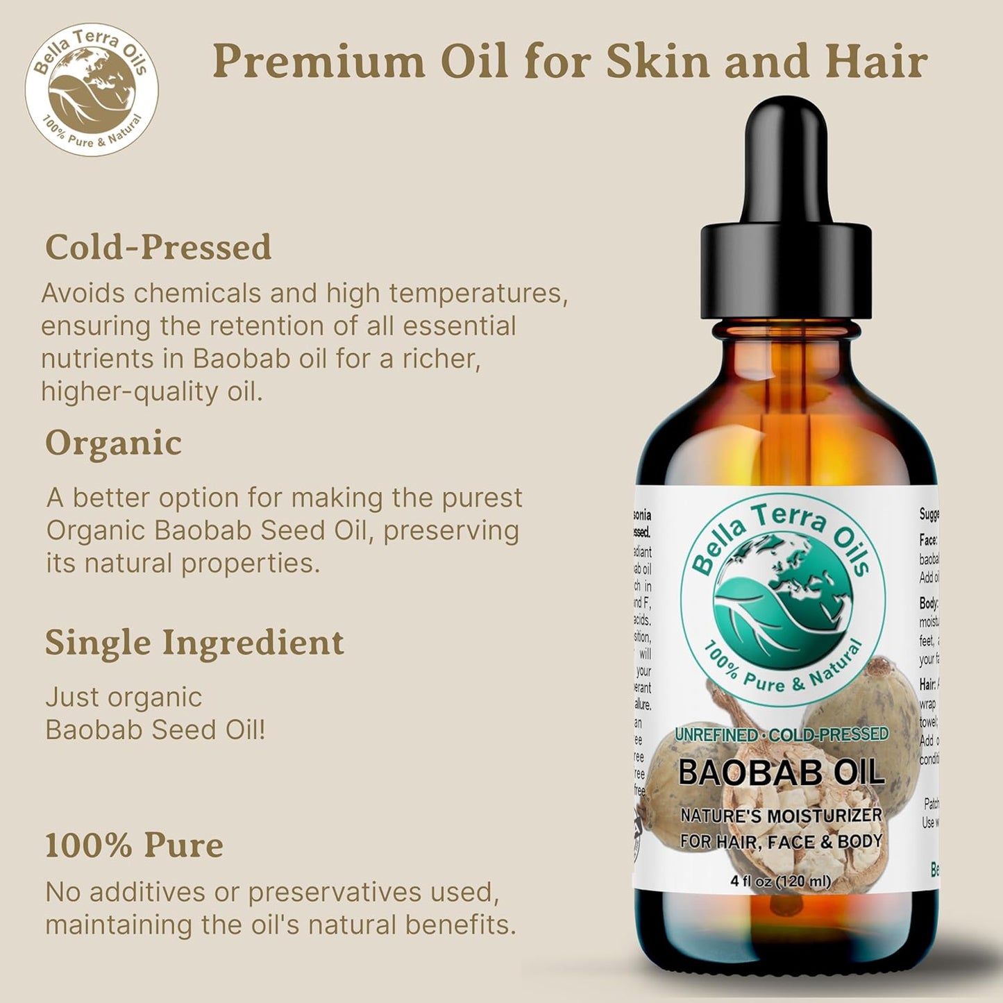 Bella Terra Oils - Baobab Oil 4 oz - Dive into the Essence of African Treasure, Abundant in Antioxidants, Best for Achieving a Silky Skin Glow