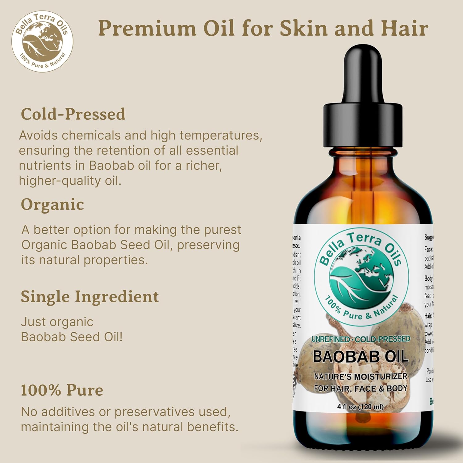 Bella Terra Oils - Baobab Oil 4 oz - Dive into the Essence of African Treasure, Abundant in Antioxidants, Best for Achieving a Silky Skin Glow