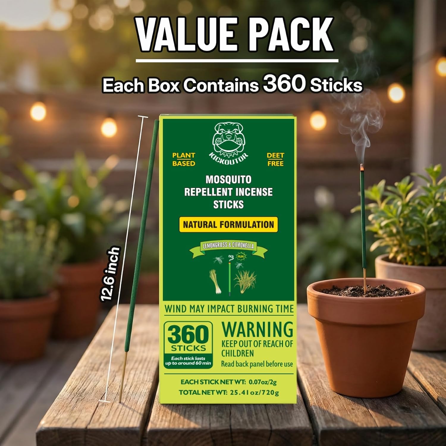 KICKOUTOR Mosquito Incense Sticks with Natural Citronella Oil, 360 Count DEET-Free Outdoor Mosquito Repellent for Patio, Backyard Gatherings & Camping, Up to 1 Hour Against Gnats & No-See-Ums
