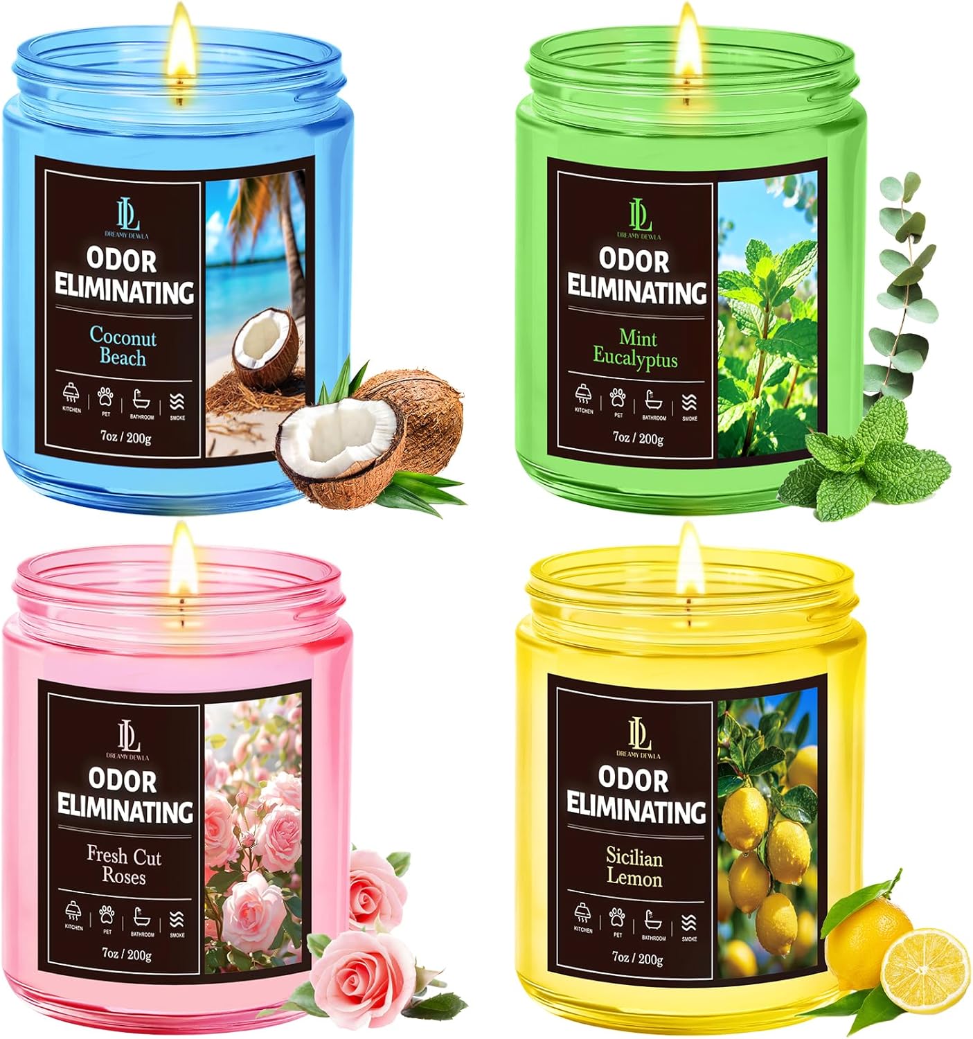 4 Pack Odor Eliminating Highly Fragranced Candle, Eliminates 95% of Food, Pet, Smoke, and Bathroom Quickly, Air Freshing Scents of Lemon/Mint Eucalyptus/Coconut/Roses, Soy Candles Gift for Women Men