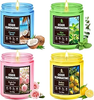 4 Pack Odor Eliminating Highly Fragranced Candle, Eliminates 95% of Food, Pet, Smoke, and Bathroom Quickly, Air Freshing Scents of Lemon/Mint Eucalyptus/Coconut/Roses, Soy Candles Gift for Women Men