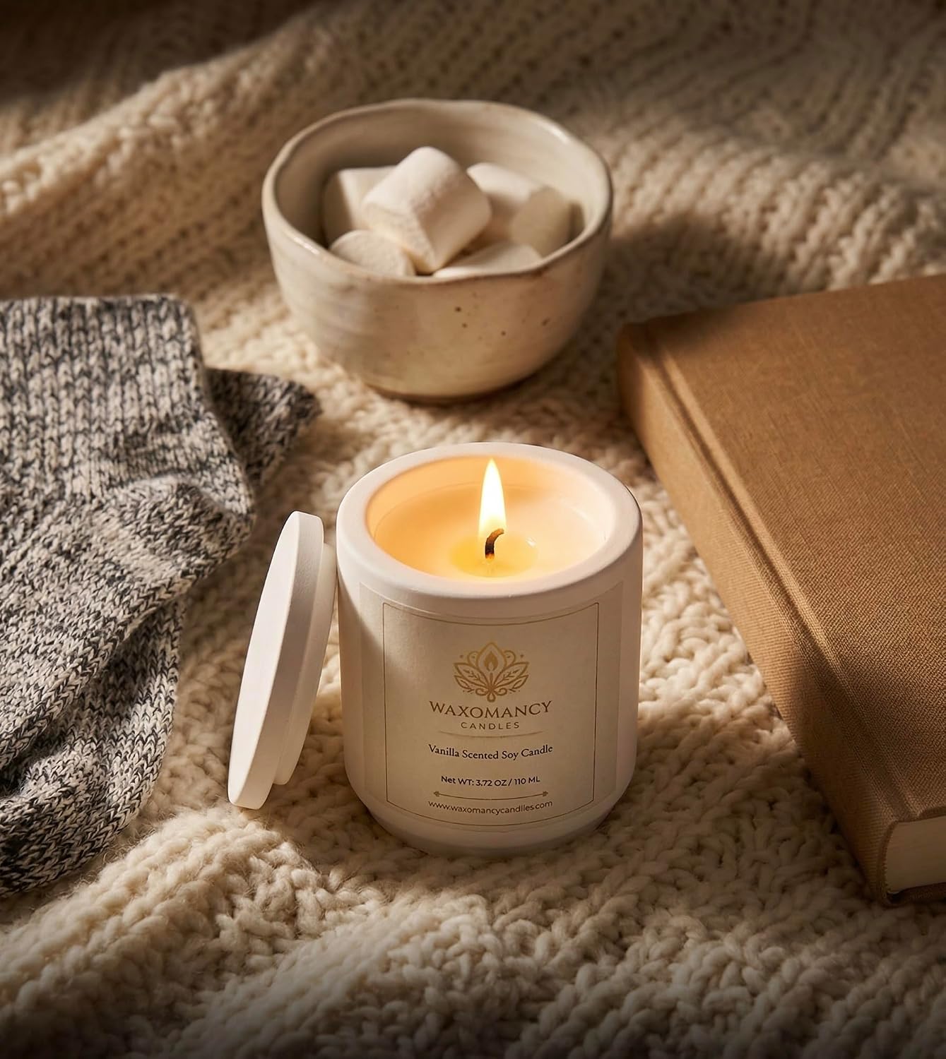 Vanilla Scented Soy Candle – 3.72 oz Hand-Poured Natural Candle in White Stone Jar with Lid – 100% Soy Wax – Home Décor, Relaxation & Gift