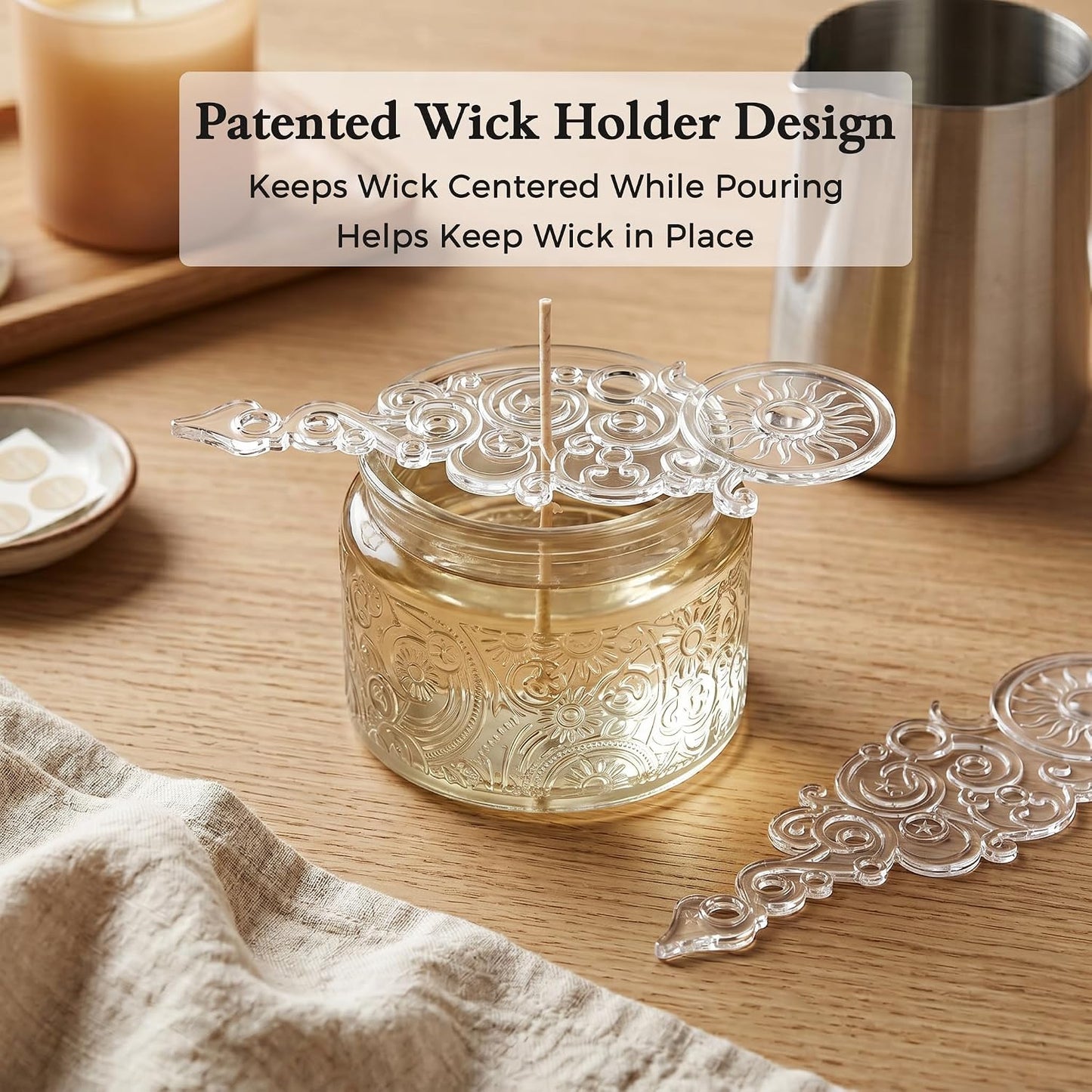 4 oz Clear Sun Moon Stars Candle Jars with Metal Lids, 18 Pack | Patented Embossed Design, Includes Wick Centering Devices & Warning Labels, Multiple Color Options