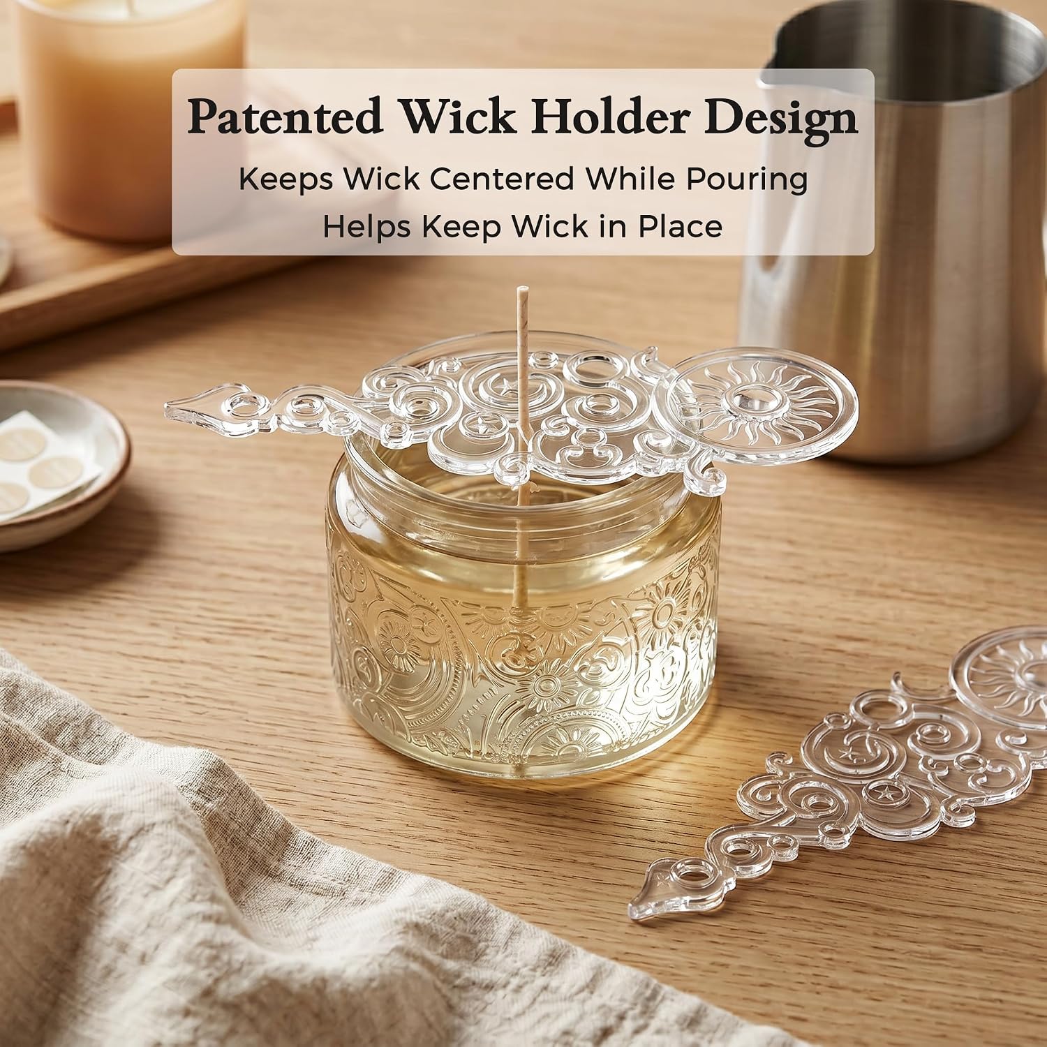 4 oz Clear Sun Moon Stars Candle Jars with Metal Lids, 18 Pack | Patented Embossed Design, Includes Wick Centering Devices & Warning Labels, Multiple Color Options