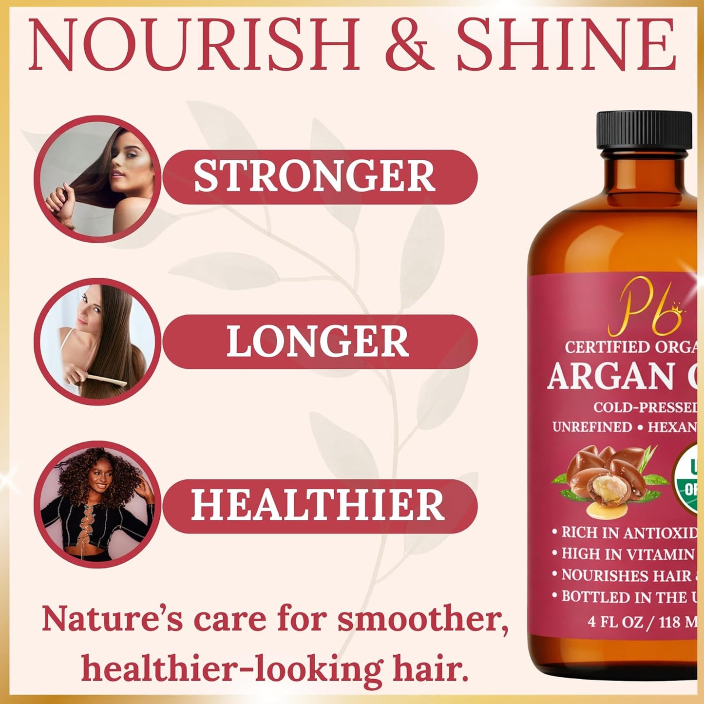 Argan Oil – 100% Pure, Cold-Pressed & Unrefined USDA Organic Moroccan Argan Oil for Hair, Face & Skin, Organic Argan Oil Hair Treatment for Dry, Damaged Hair- 4 Fl Oz Glass Bottle with Dropper