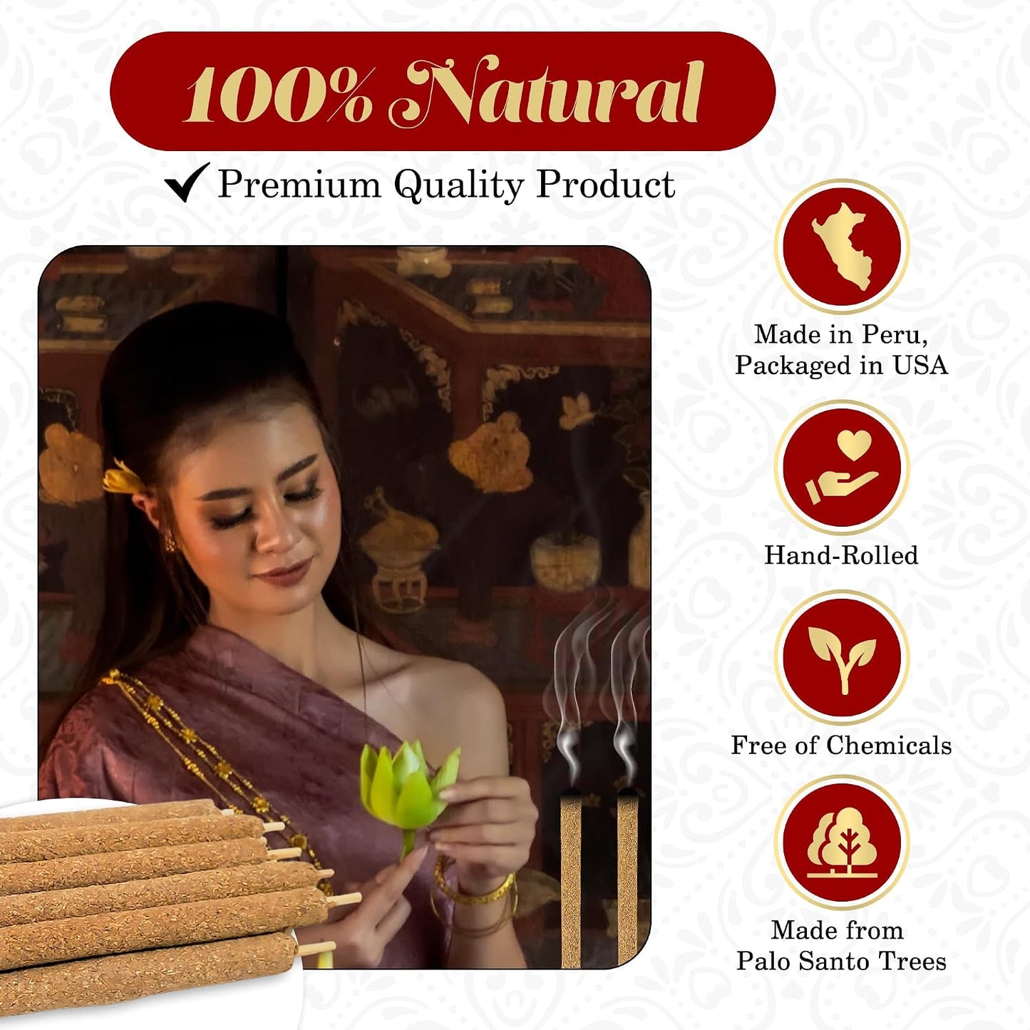 New Age Imports, Inc.® ~ Premium Palo Santo Holy Wood Hand Rolled Incense Sticks from Peru. Great for Meditation, Smudging, Spiritual Cleansing. (10 Sticks Pack). Burn time 90 mins.