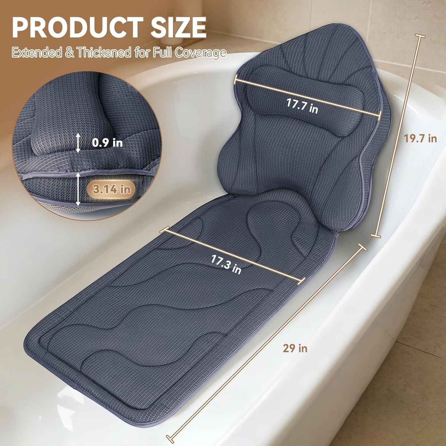 Poemland Bath Pillow for Tub, Extra Thick Full Body Bath Pillow with Head & Neck Support, 5D Mesh Breathable Spa Cushion, 144 Non-Slip Suction Cups, Quick Dry for Home Spa Relaxation, Grey