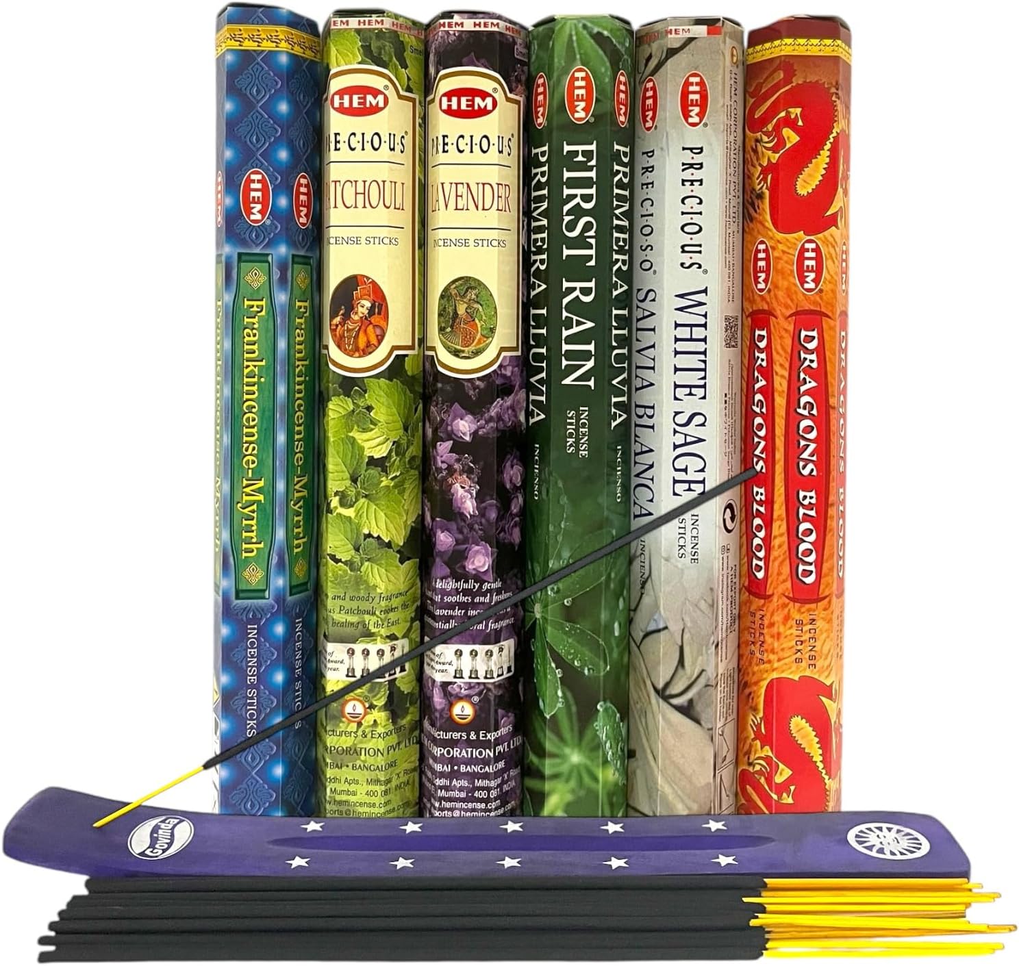 Hem Incense Sticks Variety Pack #1-120 Insence-Sticks (6 Incents x 20 Insense) + Incense Stick Holder Bundle with 6 Top Scents Including Lavender Patchouli Dragons Blood White Sage