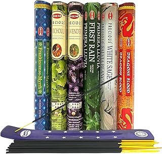 Hem Incense Sticks Variety Pack #1-120 Insence-Sticks (6 Incents x 20 Insense) + Incense Stick Holder Bundle with 6 Top Scents Including Lavender Patchouli Dragons Blood White Sage