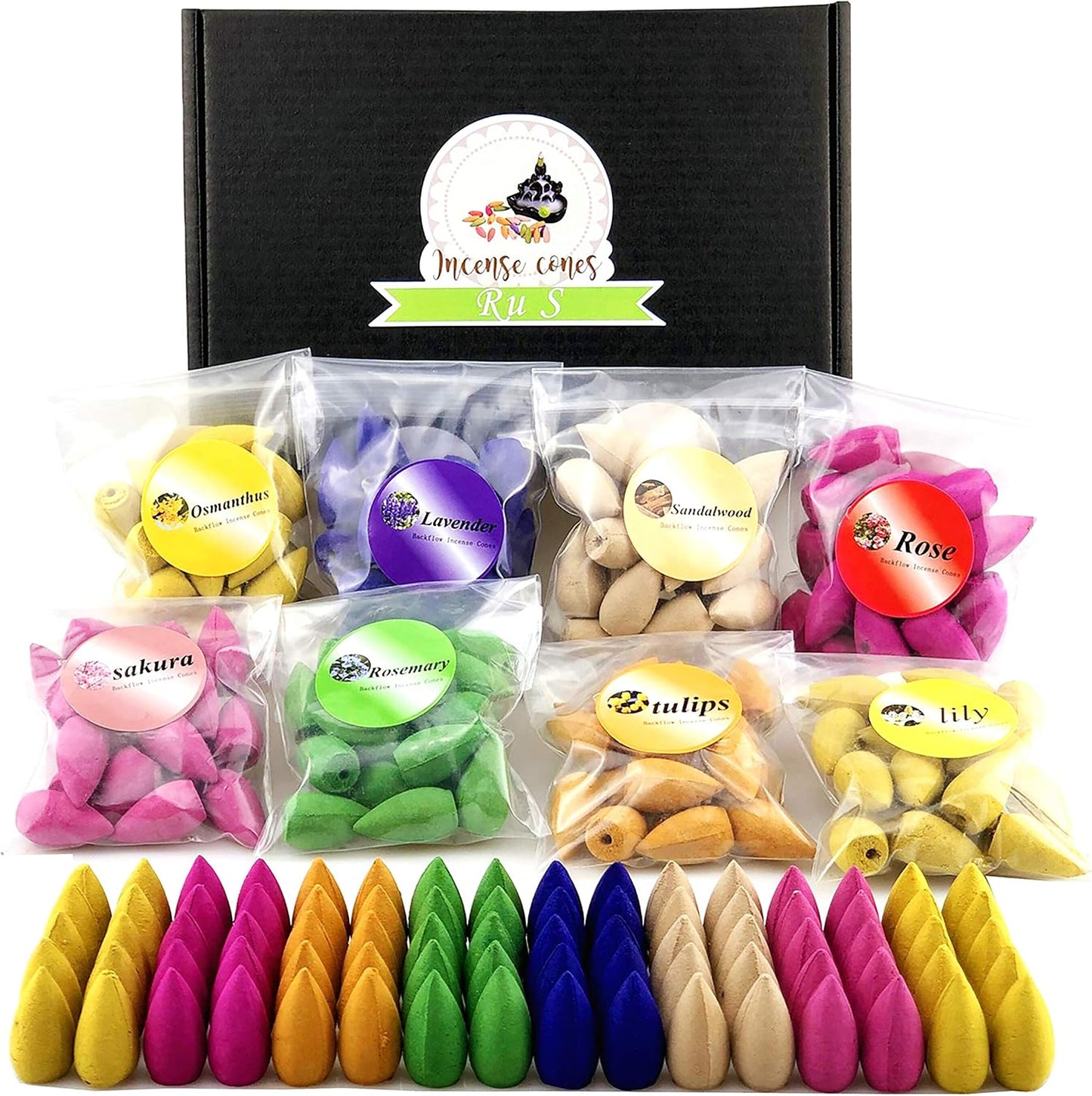 152 Pcs Backflow Incense Cones 8 Mixed Natural Scents Sandalwood Rose Lily Tulips Rosemary Lavender Sakura Osmanthus(Incense Cones)