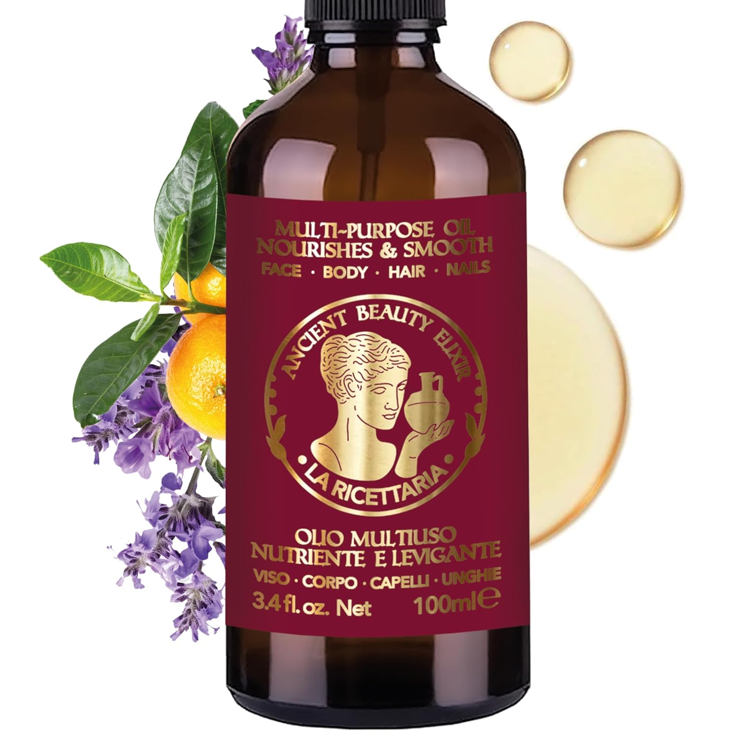 Made in Italy Natural Organic Body Oil, Hydrating After-Shower Oil & Face Moisturizer, Nail Care with Apricot, Sweet Almond, Olive, and Vitamin E Oils, Skincare for Dry Skin