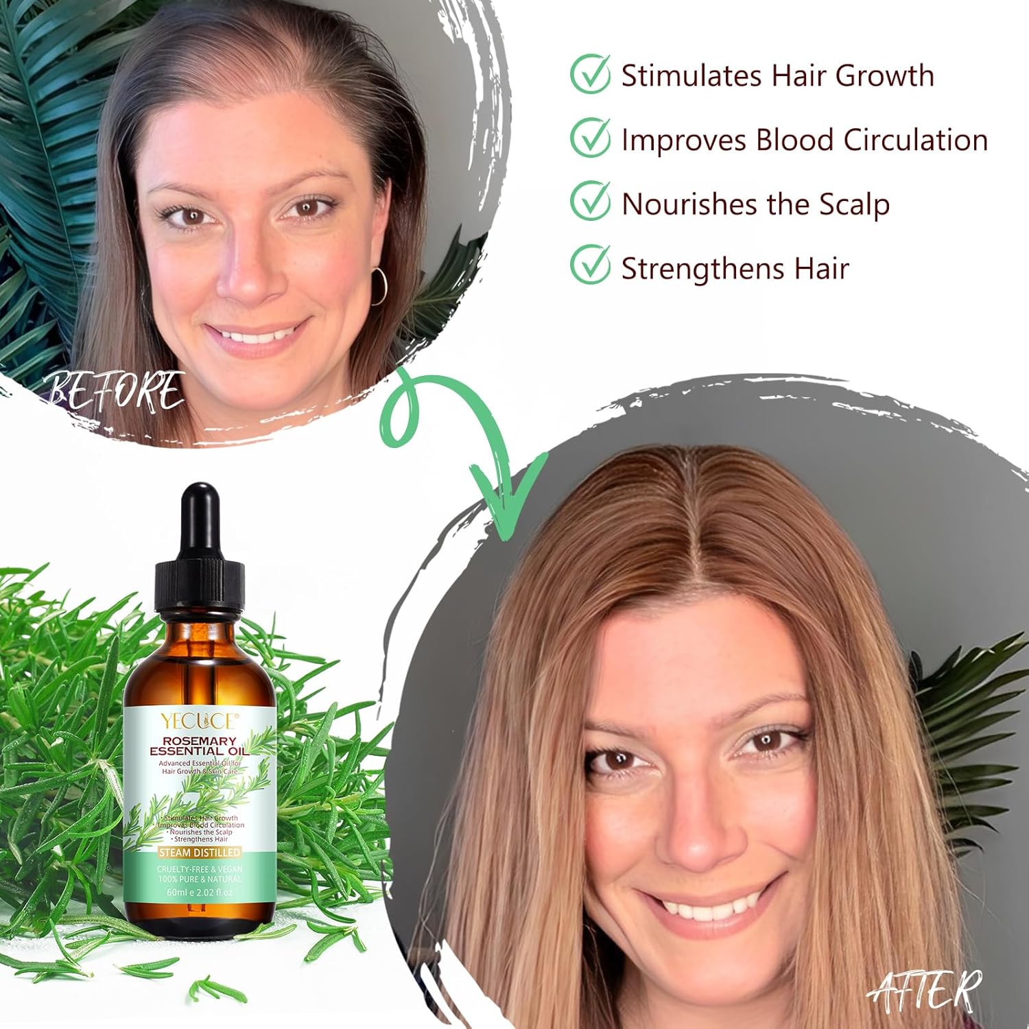 Rosemary Oil, 2.02 Fl Oz Pure Rosemary Essential Oil with with Glass Dropper - Undiluted Rosemary Massage Oil for Hair Growth Skin Care and Nails and Refreshing Aromatherapy Oil for Diffusers