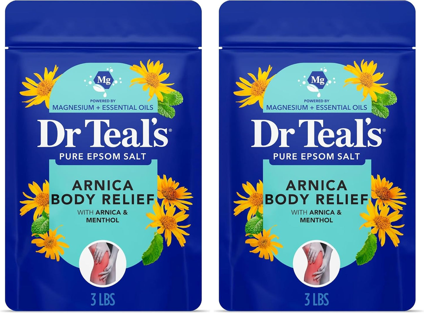 Dr Teal's Epsom Salt Magnesium Soak, Arnica Body Relief with Arnica, Menthol & Essential Oils, 3 lbs (Pack of 2)