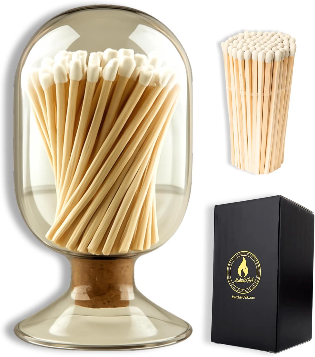 Includes Matches ! | Smoke Gray Glass Matches Cloche | Grey Tinted Decorative Match Holder Jar for Candles Set Display Gift