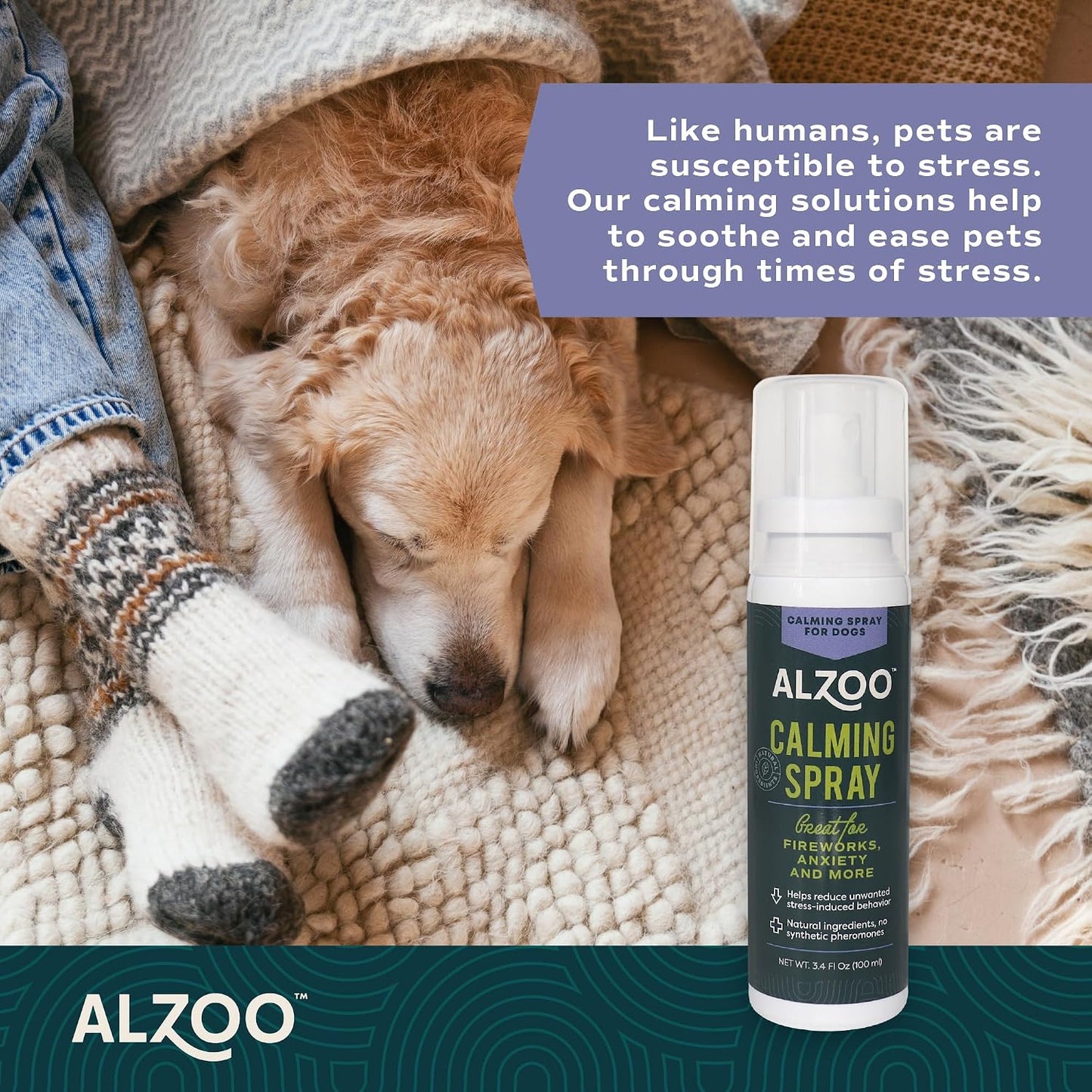 ALZOO Calming Spray for Dogs, Helps to Relieve Stress from Separation Anxiety, Travel, Vet Visits, Fireworks, etc., 100% Plant-Based Active Ingredients, 3.4 Fl. Oz Spray Bottle