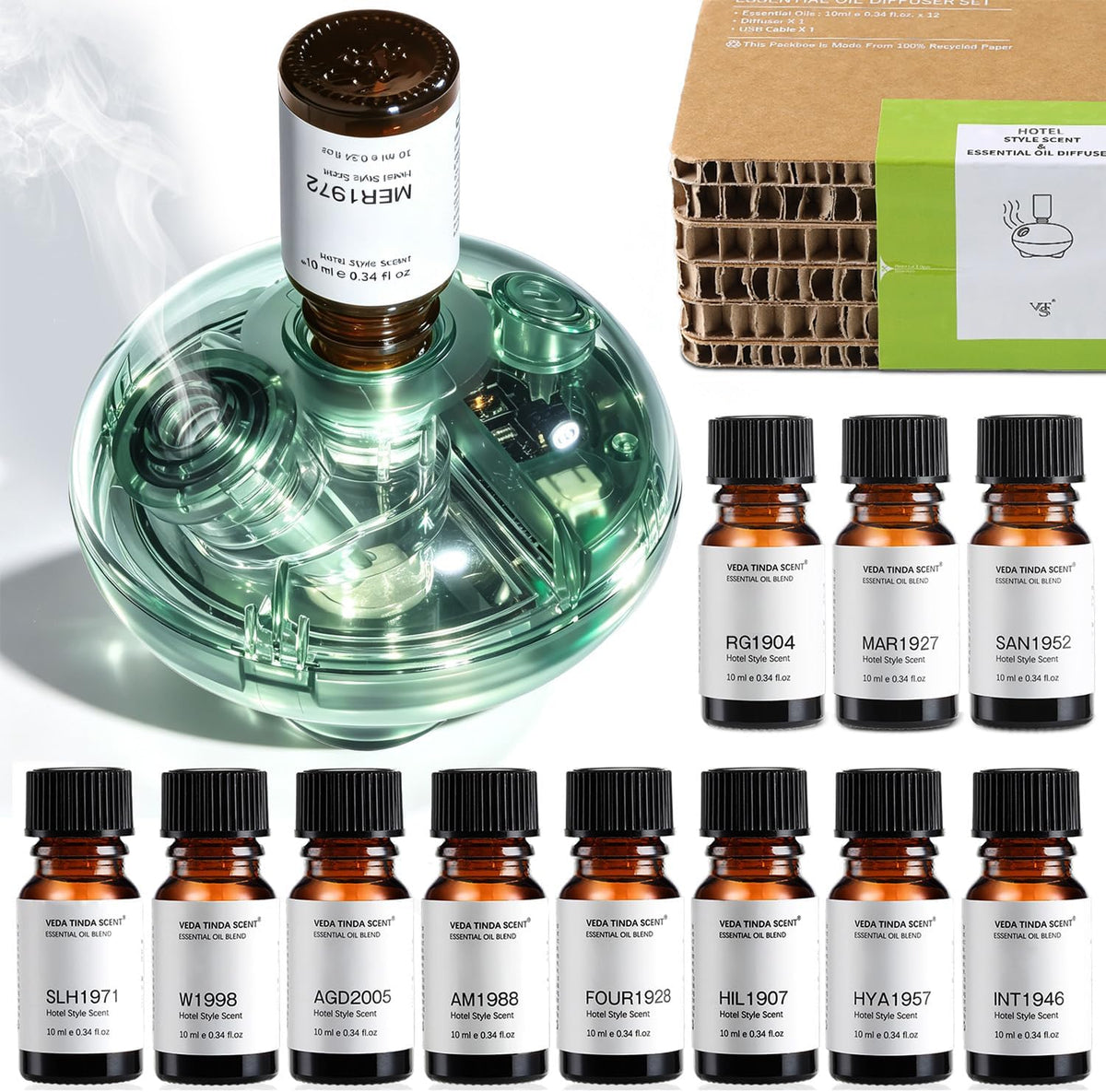 Waterless Essential Oil Diffuser with 12 x 10ml Hotel Fragrance Oils