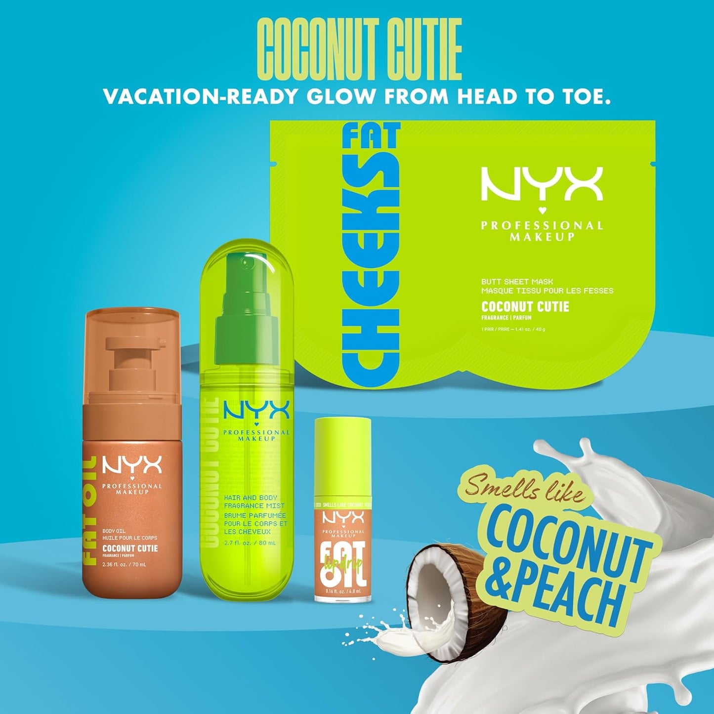 NYX PROFESSIONAL MAKEUP Fat Oil Body Oil in Coconut Cutie, Coconut Scented Body Glow Moisturizer With Vitamin E for 24HR Hydration and Glowing Skin, Golden Finish, Vegan & Cruelty-Free
