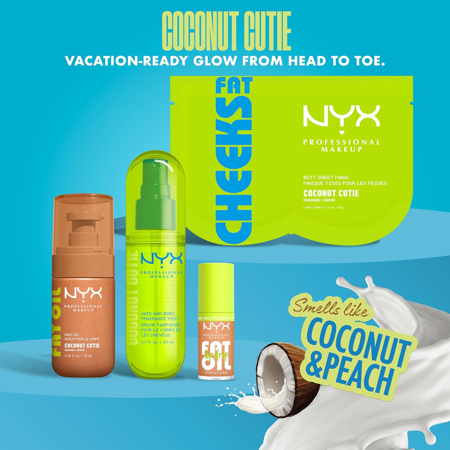 NYX PROFESSIONAL MAKEUP Fat Oil Body Oil in Coconut Cutie, Coconut Scented Body Glow Moisturizer With Vitamin E for 24HR Hydration and Glowing Skin, Golden Finish, Vegan & Cruelty-Free
