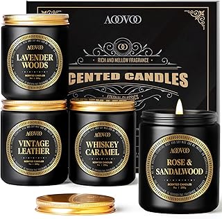 AOOVOO Scented Candles for Men - 4 Pack Candles for Home Scented, 36oz Soy Wax, 200 Hour Burn Time, Men Candle Set, Rose Sandalwood/Whiskey Caramel/Lavender/Leather Candle Set T