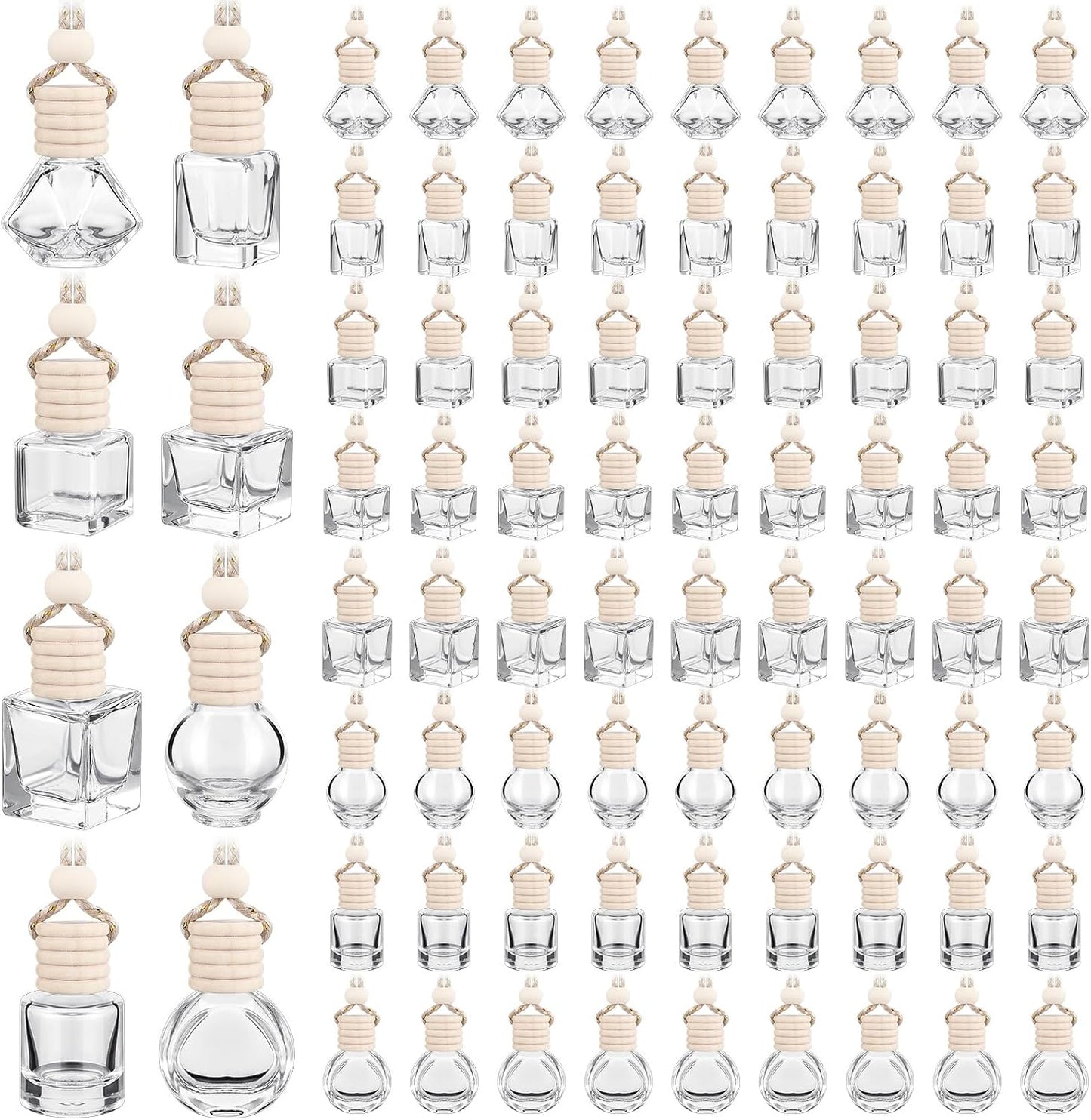 Dandat 80 Pcs 8 ml Car Diffuser Bottle with Wooden Caps Inner Stopper Lanyard Empty Glass Hanging Car Air Freshener Diffuser Bulk for Essential Oil Fragrance Pendants Perfume Gift DIY 8 Assorted Style