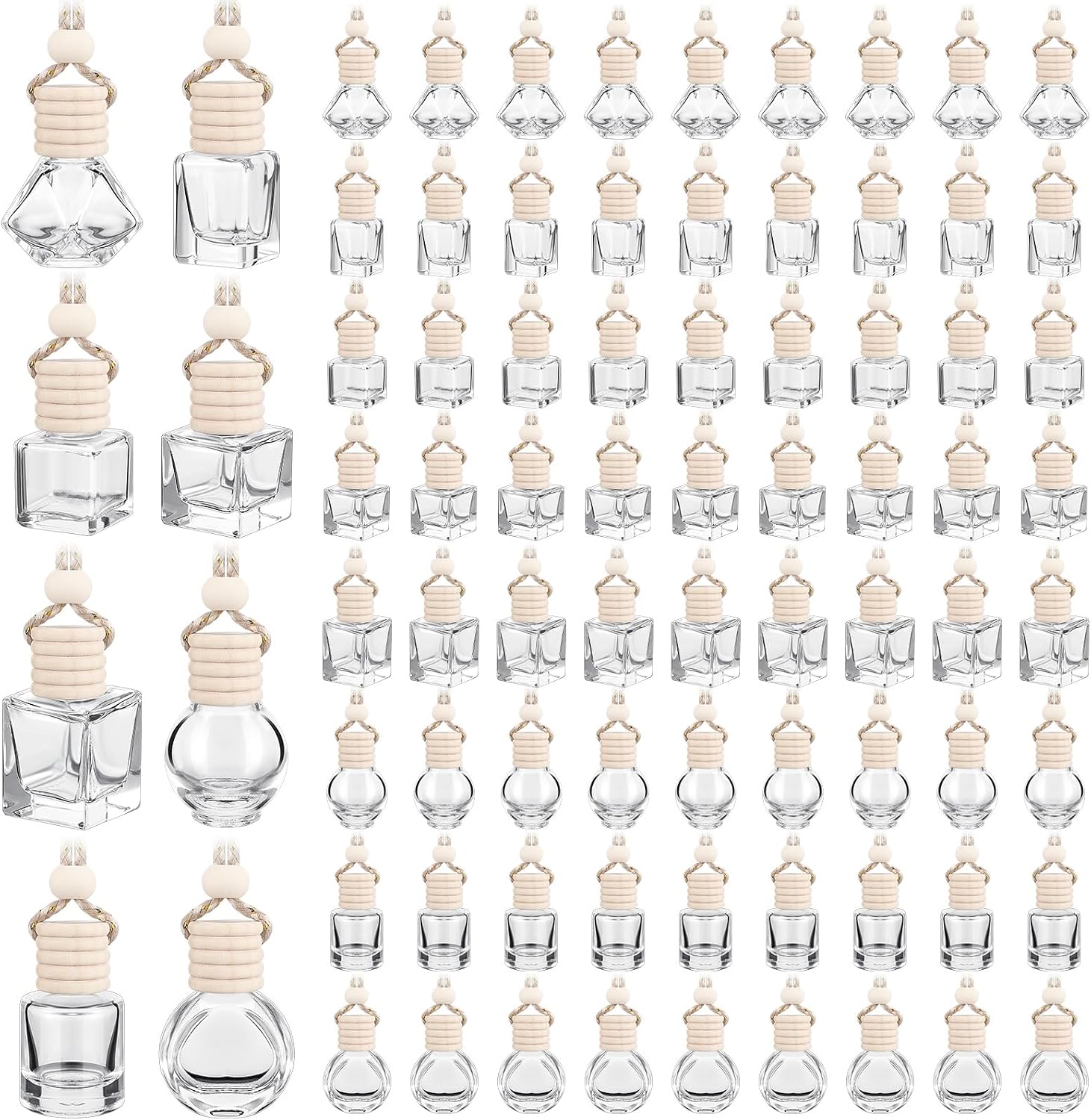 Dandat 80 Pcs 8 ml Car Diffuser Bottle with Wooden Caps Inner Stopper Lanyard Empty Glass Hanging Car Air Freshener Diffuser Bulk for Essential Oil Fragrance Pendants Perfume Gift DIY 8 Assorted Style