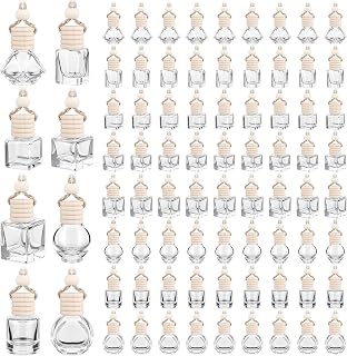 Dandat 80 Pcs 8 ml Car Diffuser Bottle with Wooden Caps Inner Stopper Lanyard Empty Glass Hanging Car Air Freshener Diffuser Bulk for Essential Oil Fragrance Pendants Perfume Gift DIY 8 Assorted Style