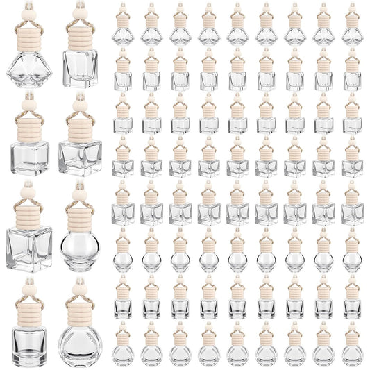 Dandat 80 Pcs 8 ml Car Diffuser Bottle with Wooden Caps Inner Stopper Lanyard Empty Glass Hanging Car Air Freshener Diffuser