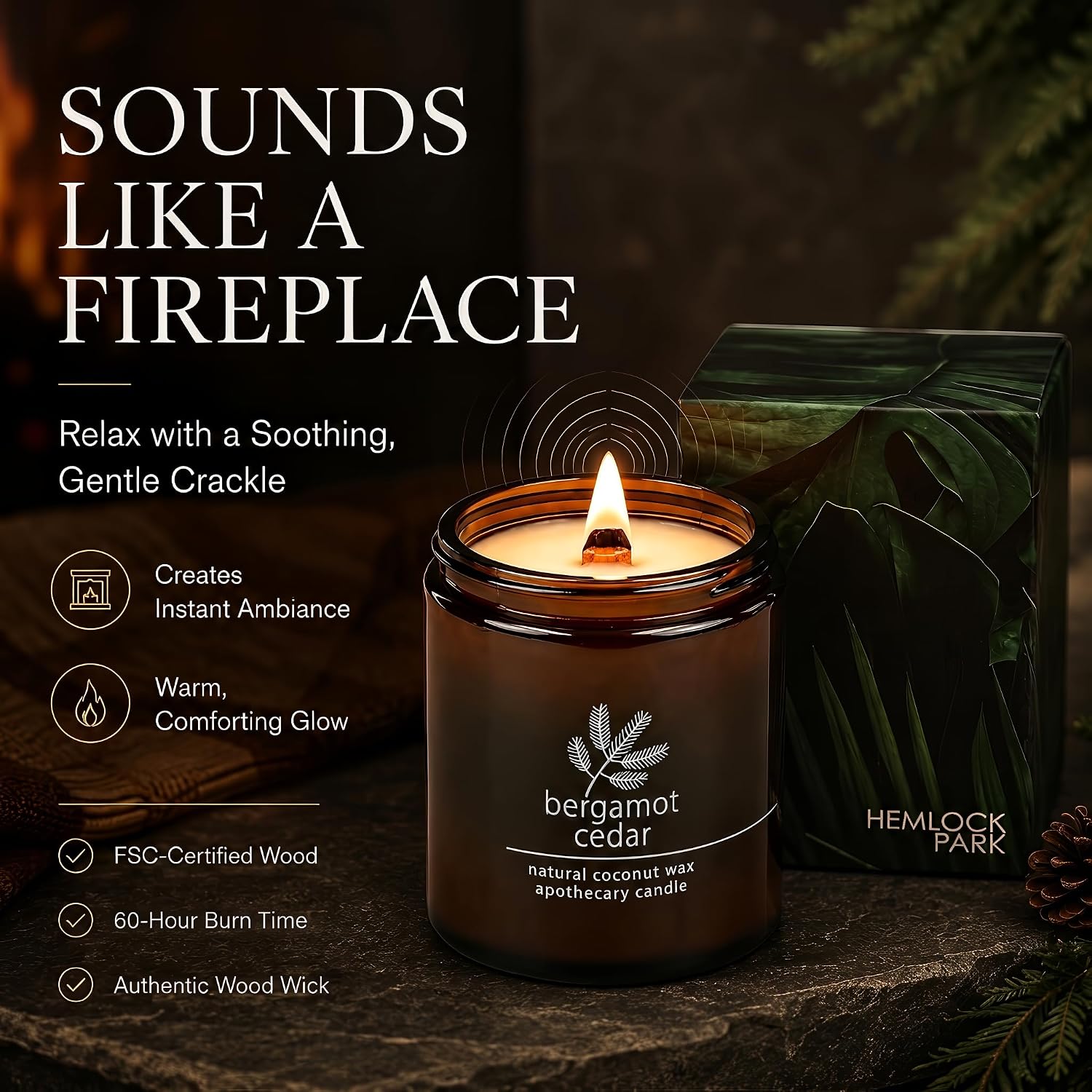 Hemlock Park Bergamot Cedar Apothecary Scented Candle | Crackling Wood Wick, Botanical Fragrance & Coconut Apricot Wax | Up to 60 Hour Burn Time | 8 oz | Made in USA