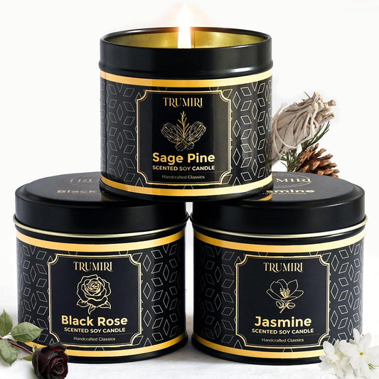 Candle Gift Set of 3 Sage Pine|Jasmine|Black Rose Strong Scented Soy Candels Natural Non Toxic Velas Aromáticas Favors for