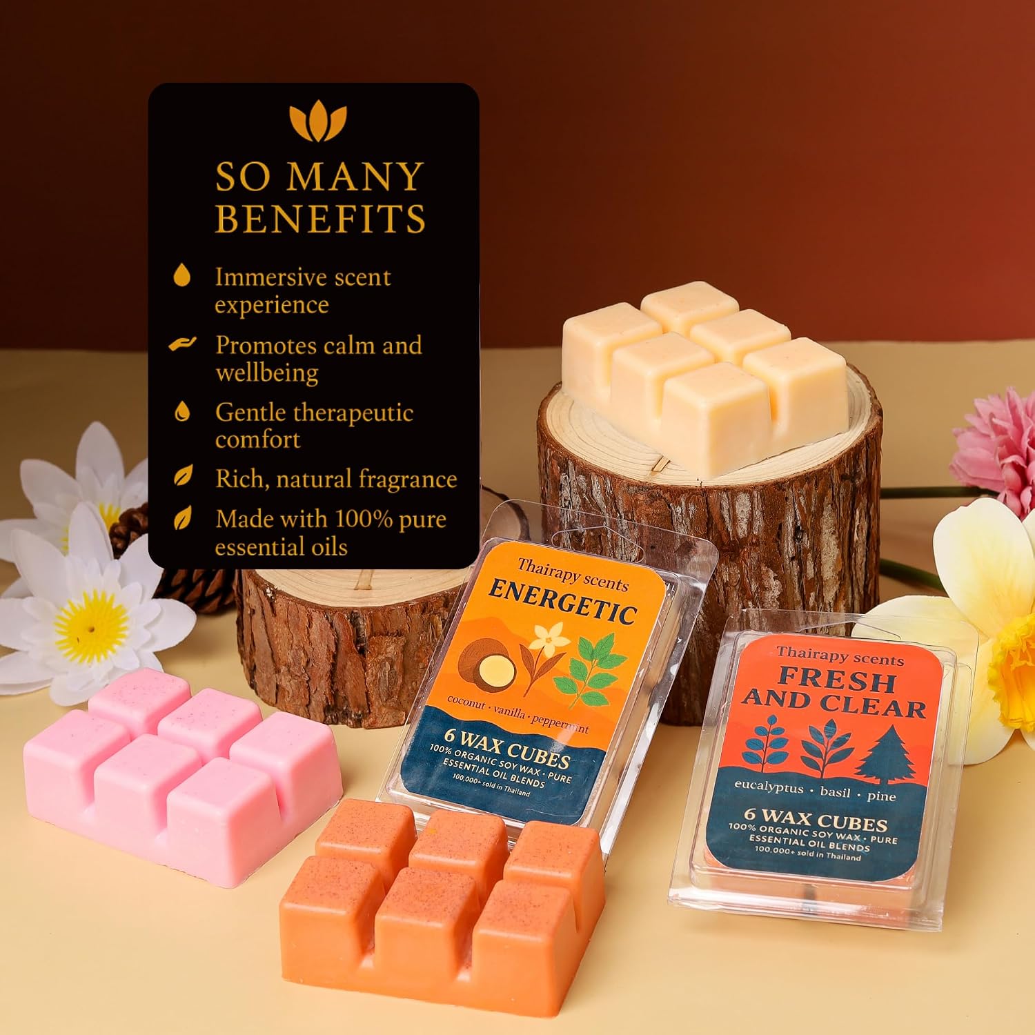 (Hand Poured in Thailand) Thairapy Scents Wax Melts, Premium Scented Natural,7.5oz (18-Cubes) Includes: Lotus Morning, Jasmine Breeze, Mountain Sandalwood (Siam Land of Smiles Collection)