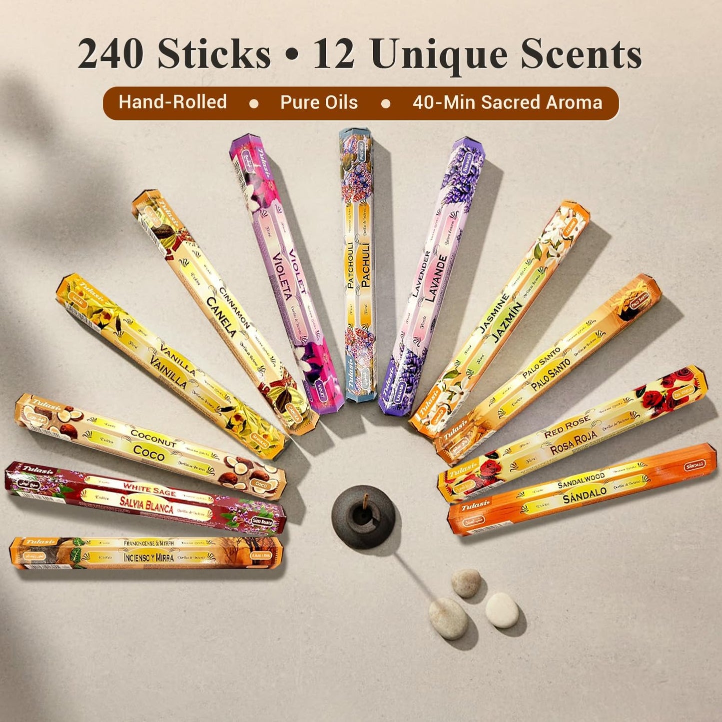 Tulasi Incense Sticks Pack of 12 Natural Scent (240 Sticks) Variety Fragrance of Coconut, White Sage, Red Rose, Palo Santo Lavender & Cinnamon etc, Ideal for Meditation & Positive Vibes