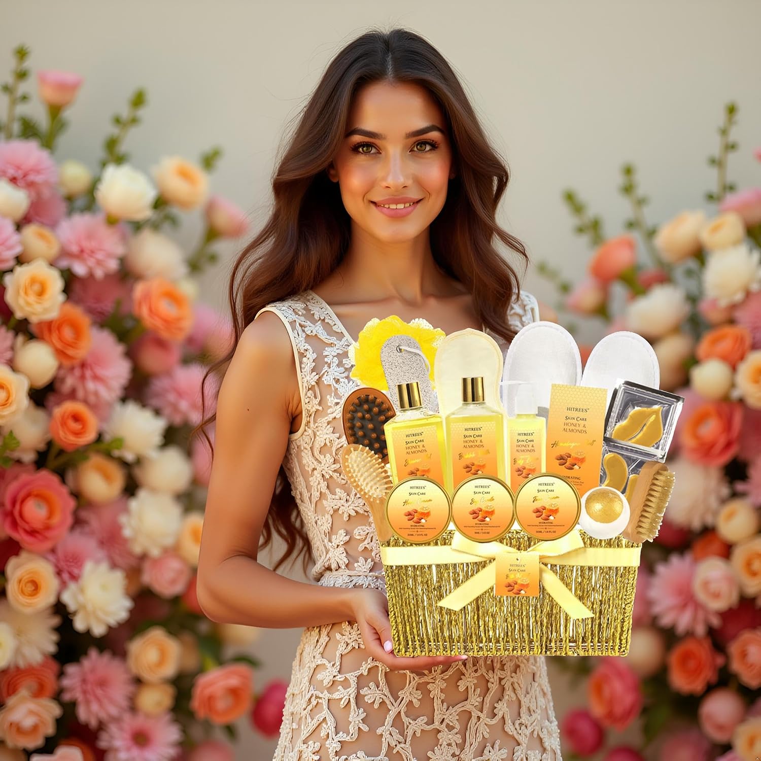 20Pcs Valentines Day Gifts for Women, Honey & Almond Milk Bath & Body Gift Basket, Face Skin Care Kit, Home Spa Gift Set, Self-Care Kit, gold bomb, Birthday, Christmas, Mother Day, Anniversary